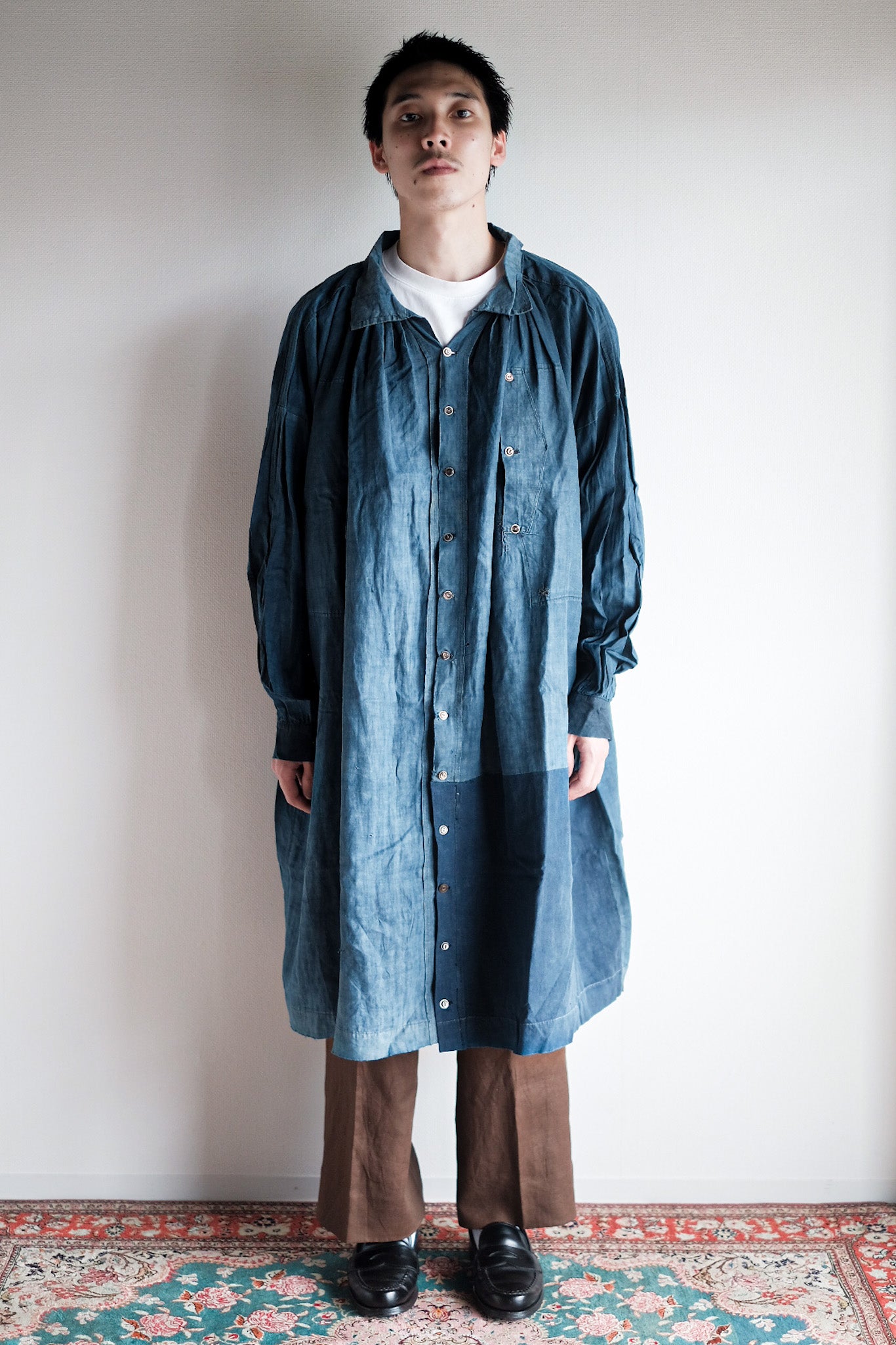 【Early 20th C】French Antique Indigo Linen Smock Open Type "Biaude"
