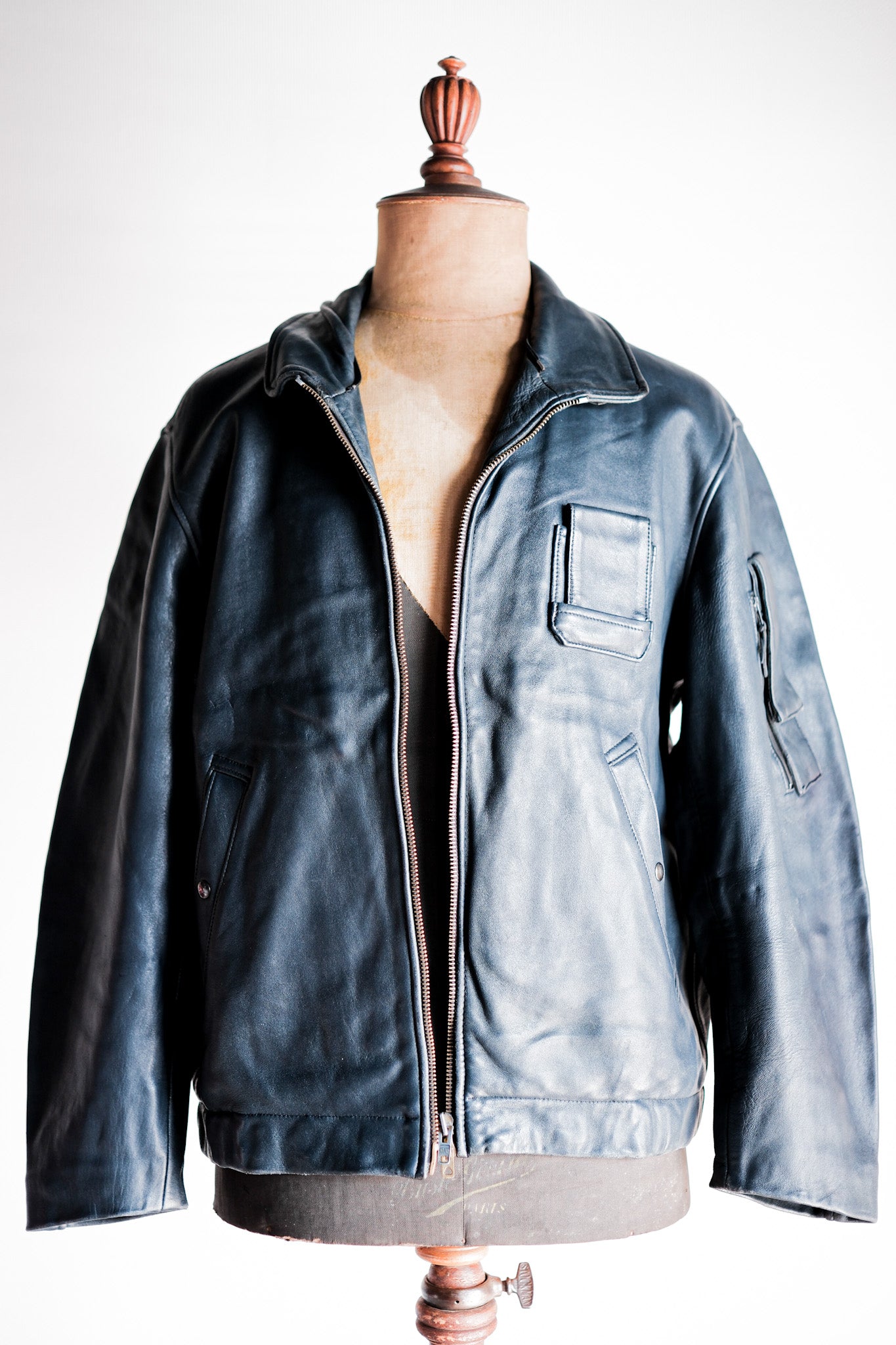 【~70's】French Air Force Pilot Leather Jacket With Chin Strap