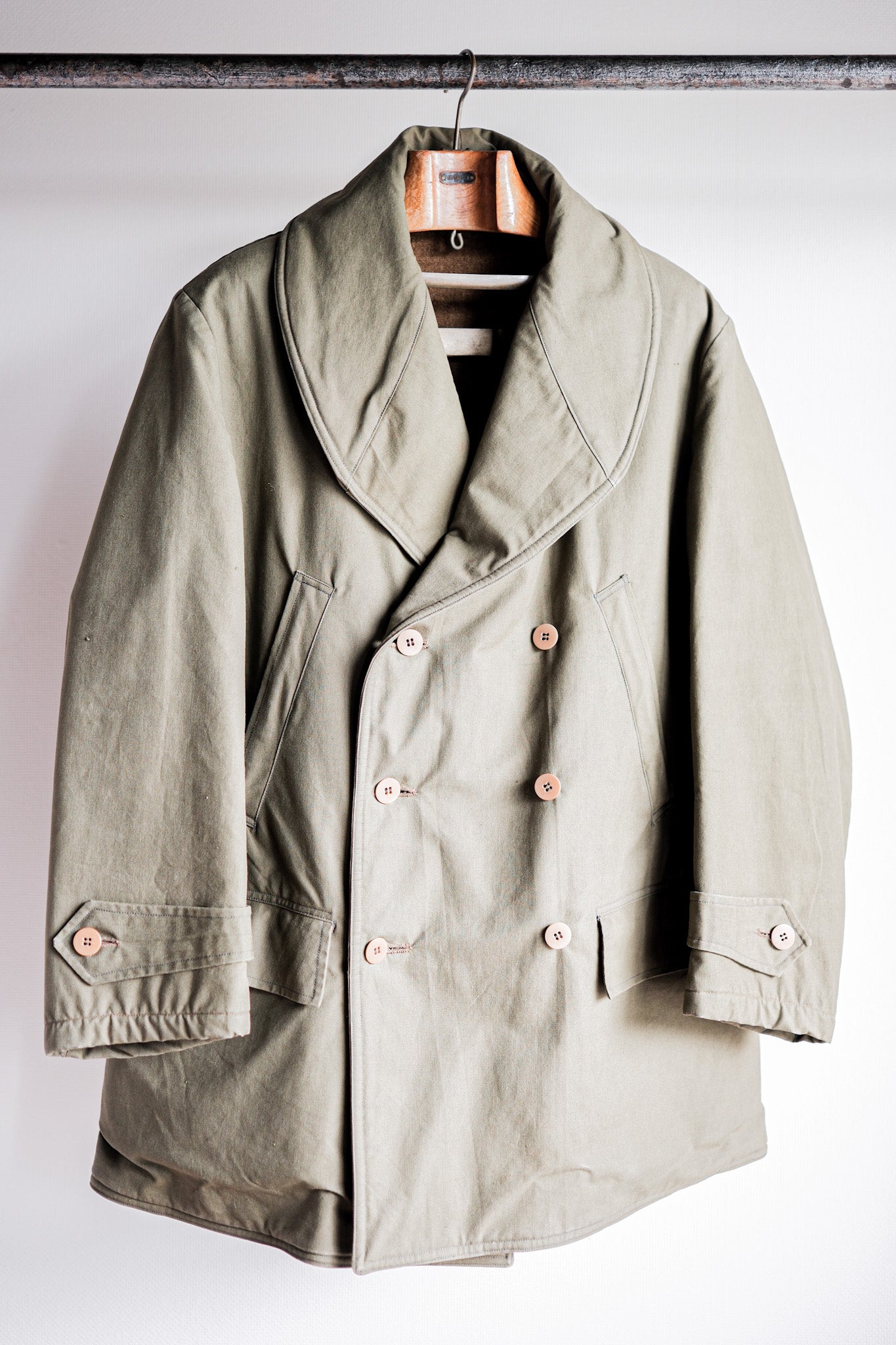 【~40's】French Vintage Shawl Collar Green Cotton Canvas Mackinaw Coat