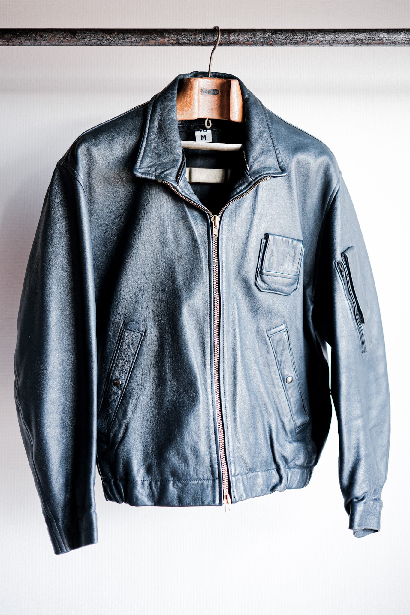 【~70's】French Air Force Pilot Leather Jacket With Chin Strap Size.96M