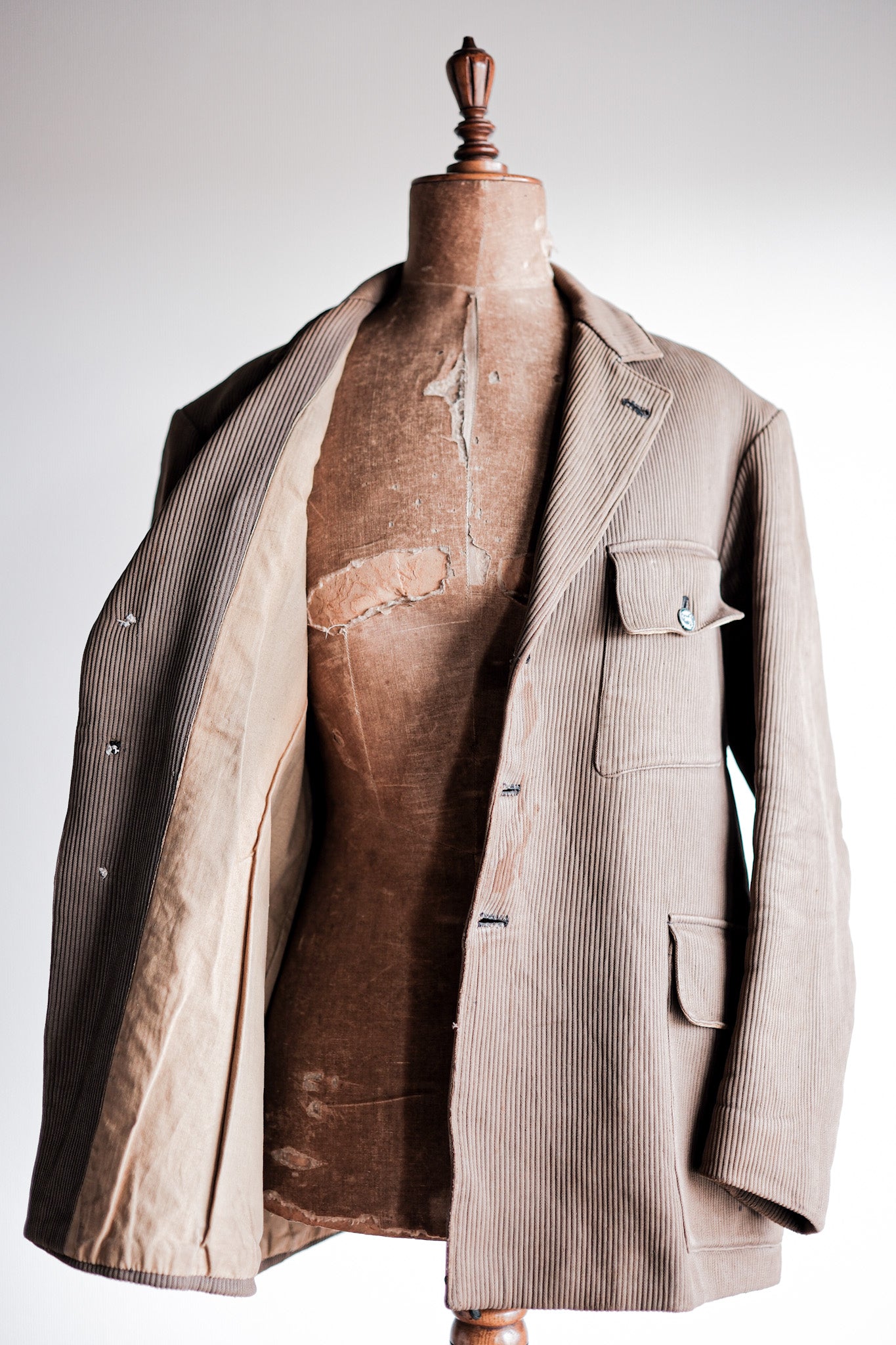 【~40's】French Vintage Brown Cotton Pique Lapel Gamekeeper Hunting Jacket "Unusual Pattern"