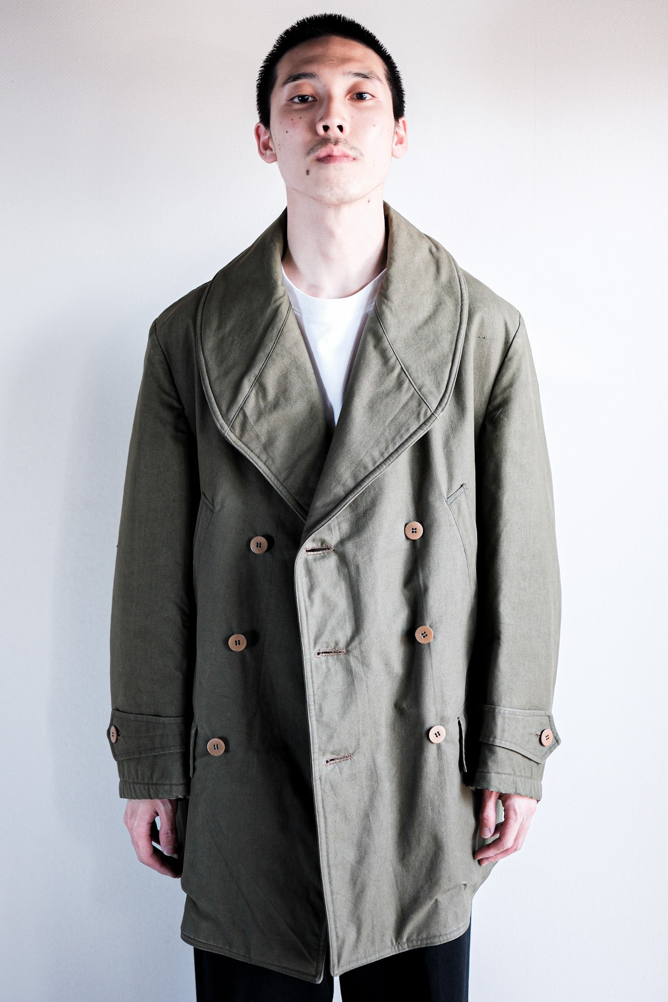 【~40's】French Vintage Shawl Collar Green Cotton Canvas Mackinaw Coat