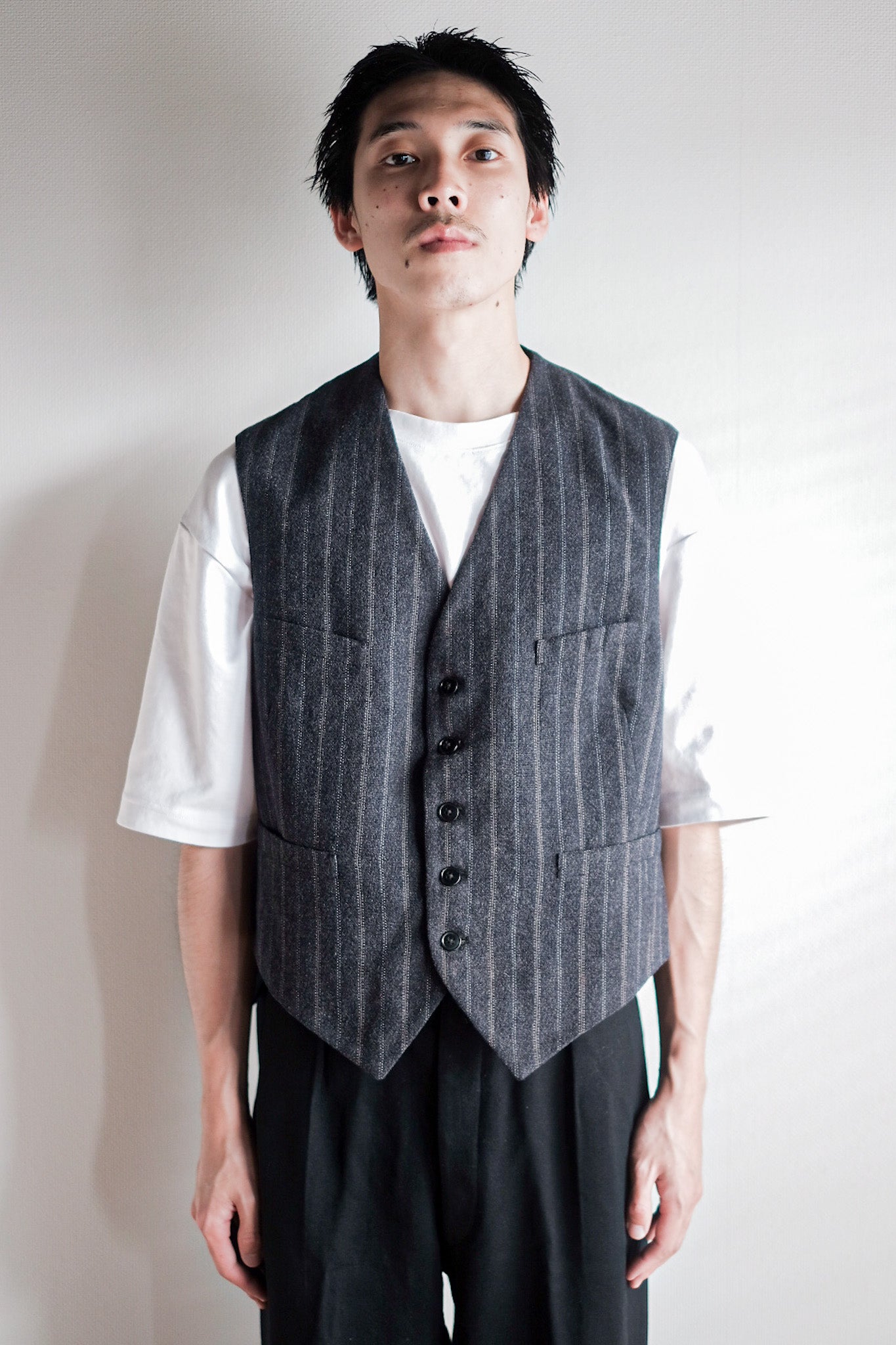 【~40's】French Vintage Gray Wool Striped Work Gilet