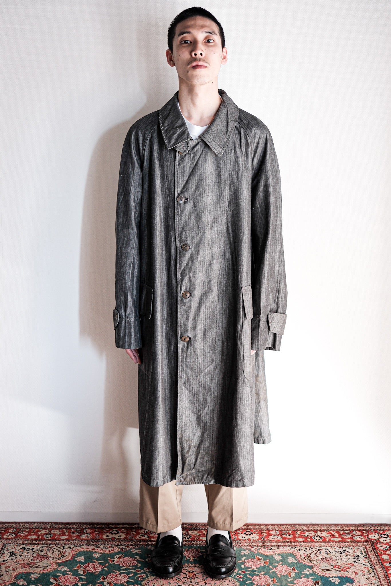 【~40's】French Vintage Salt & Pepper Cotton HBT Work Coat With Chin Strap "Dead Stock"