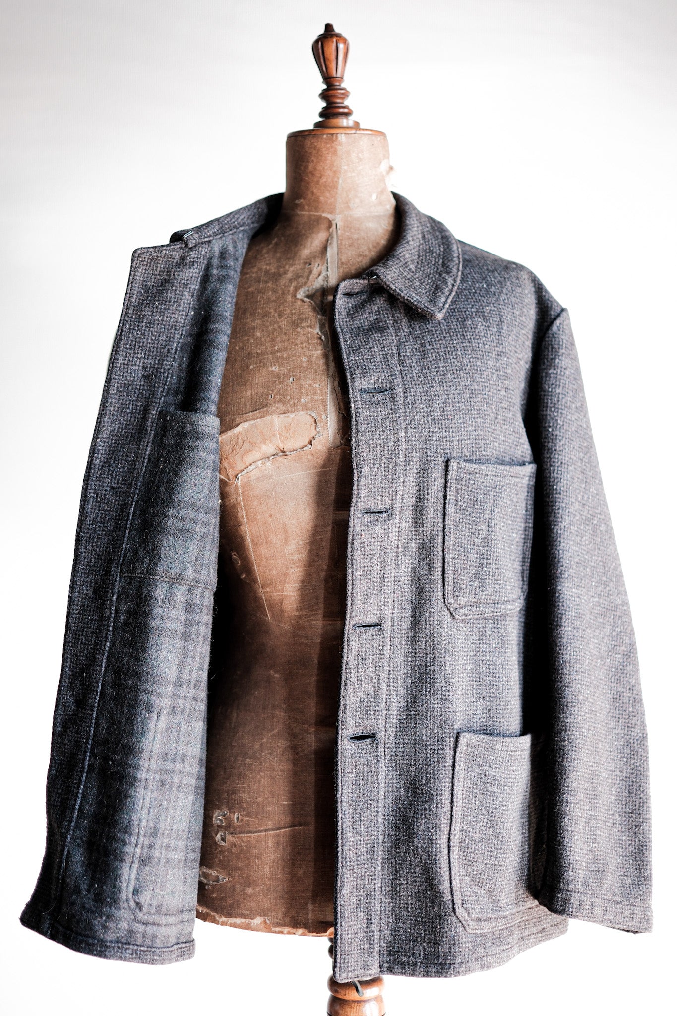 【~50's】French Vintage Gray Wool Checked Work Jacket
