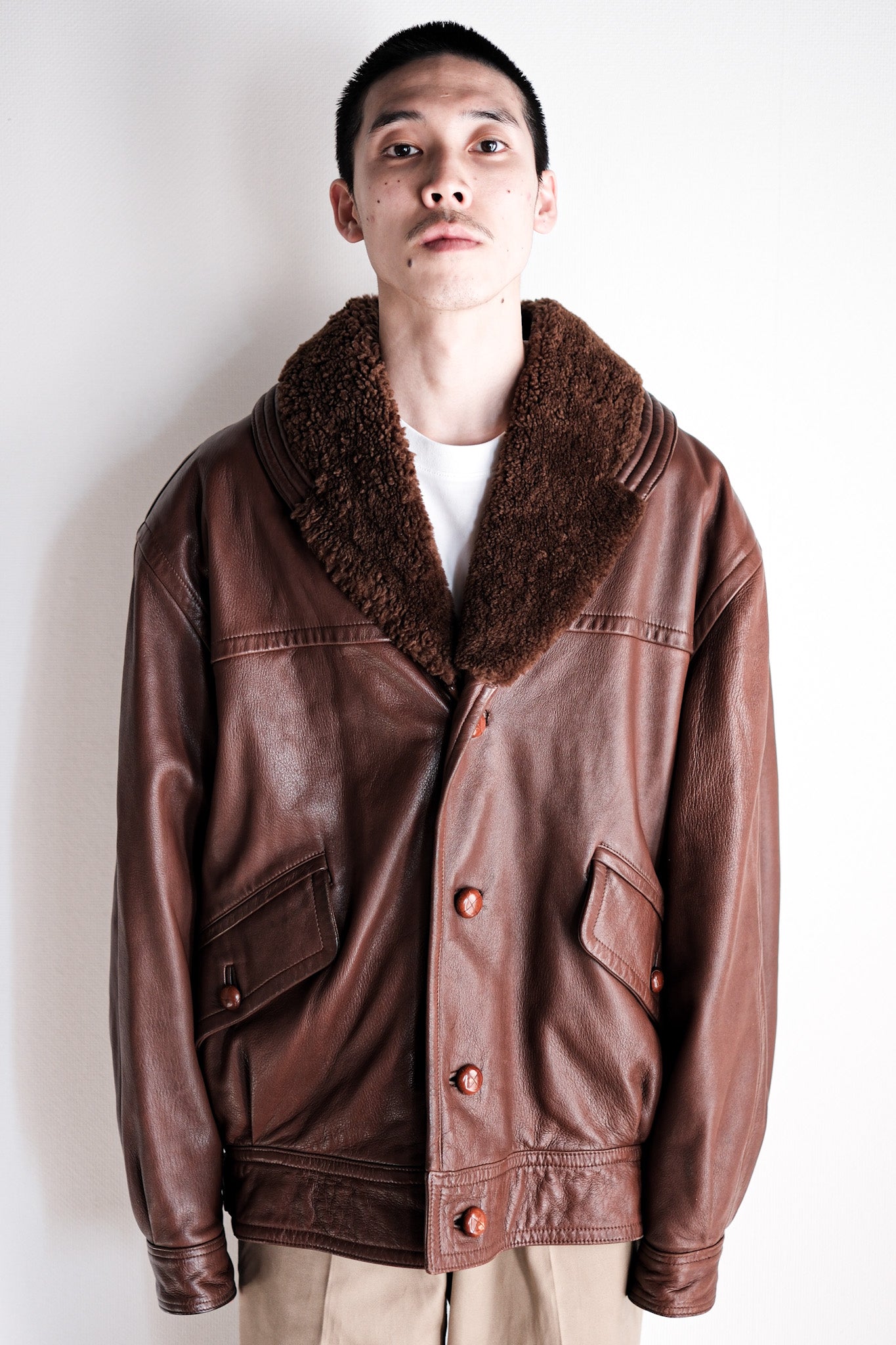 【~80's】Old Gucci Shawl Collar Leather Bomber Jacket Size.52