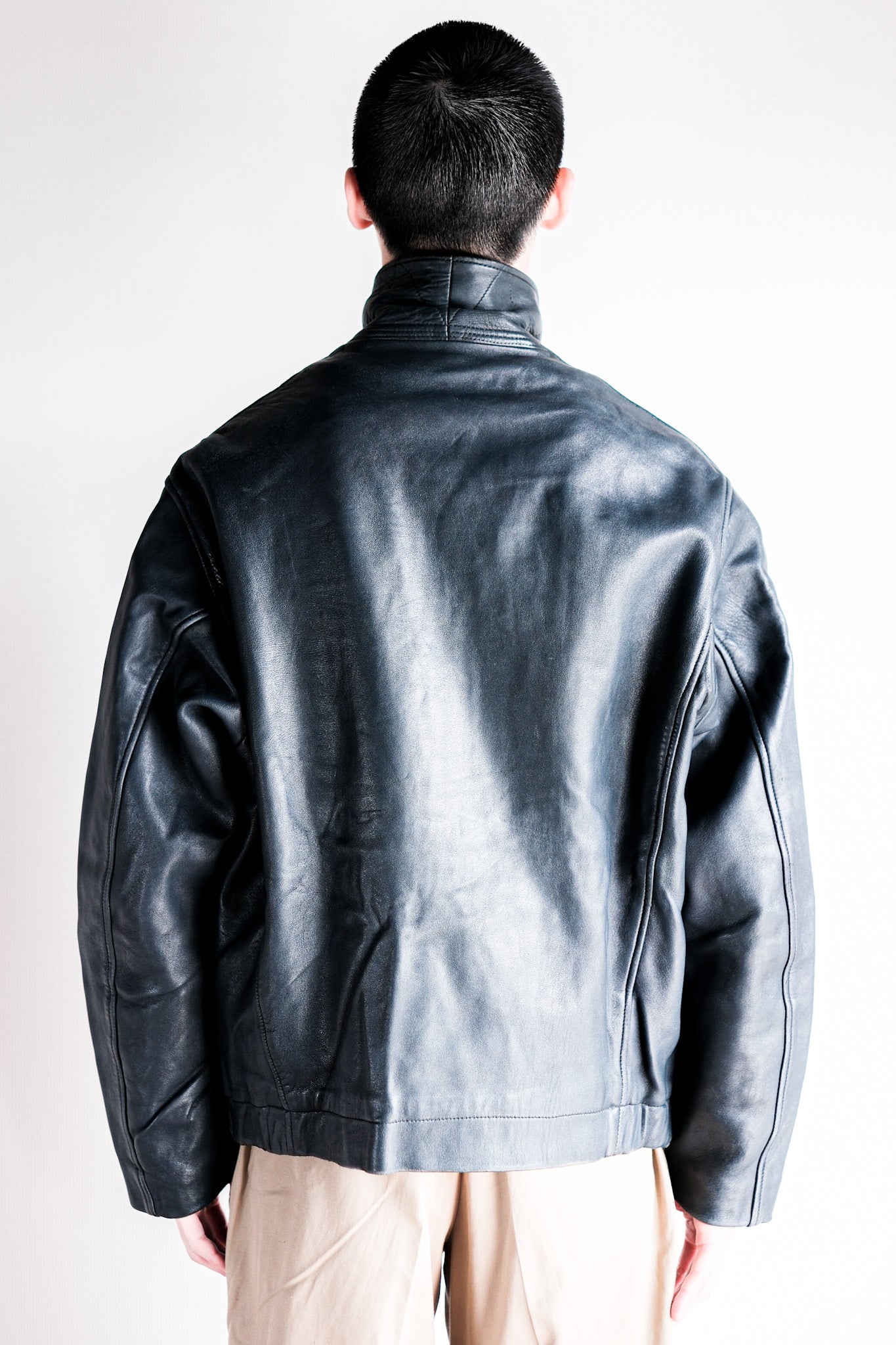 【~70's】French Air Force Pilot Leather Jacket With Chin Strap