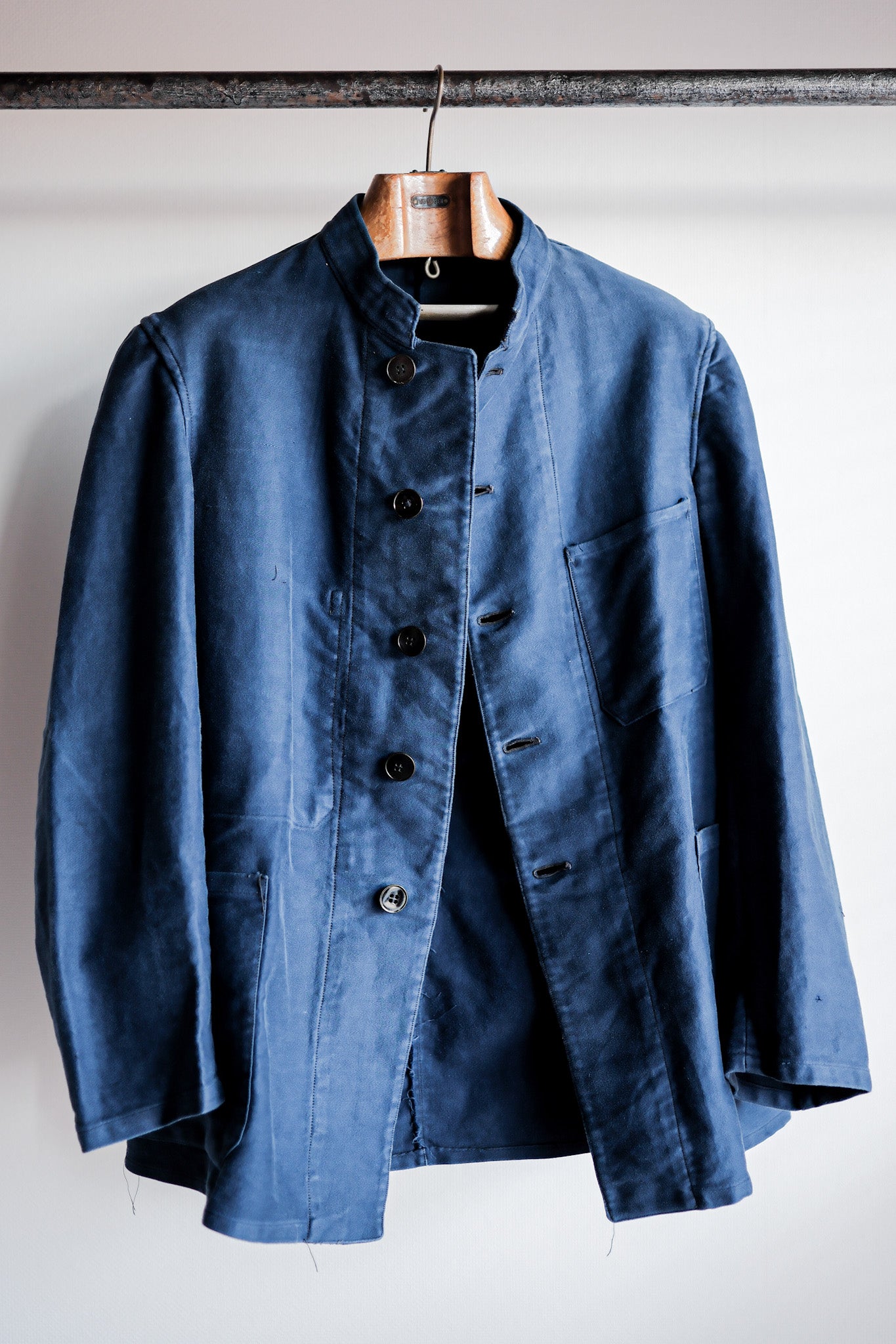 【~40's】French Vintage Blue Moleskin Stand Collar Work Jacket