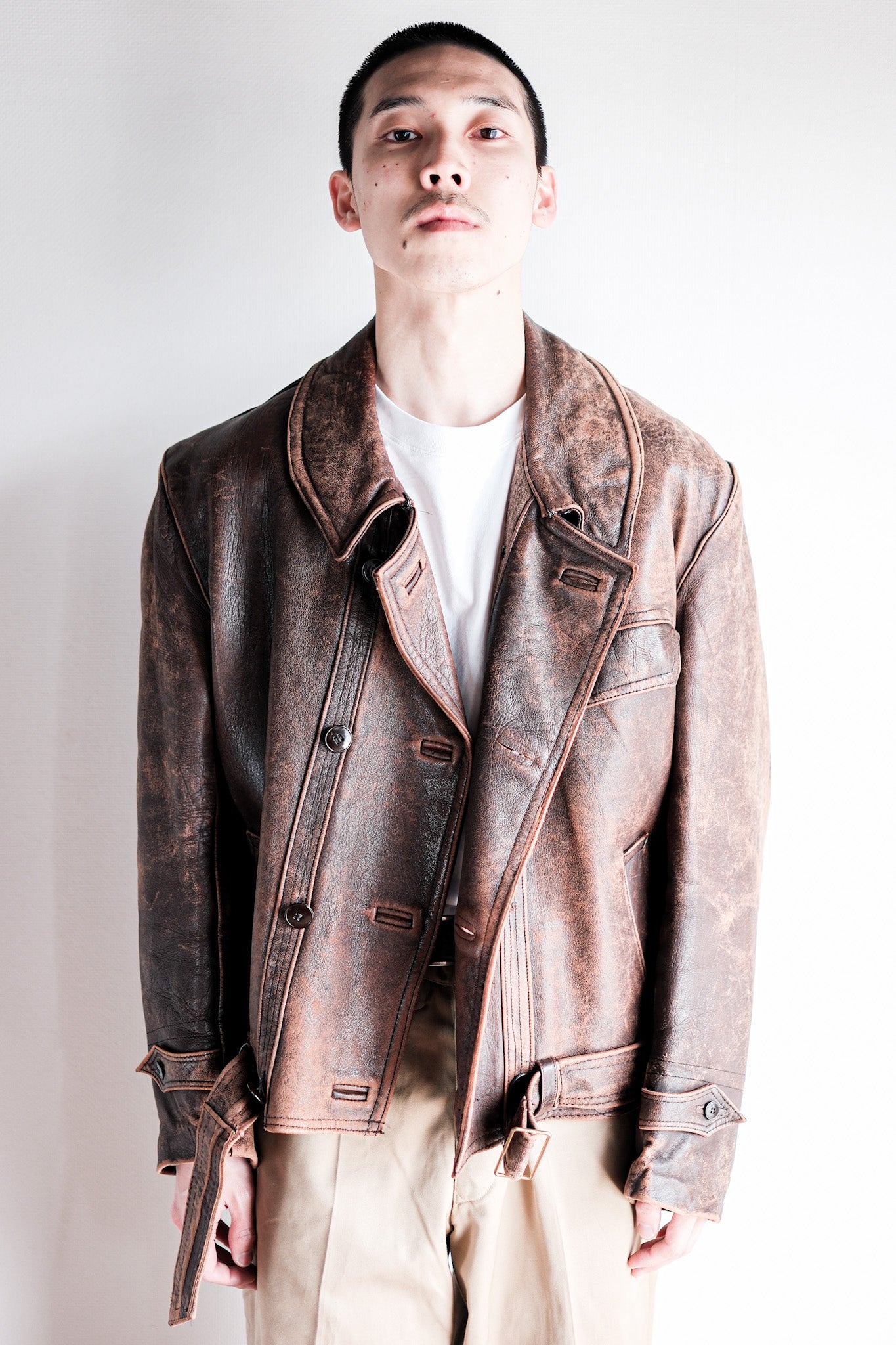 【~50's】French Vintage Le Corbusier Type Double Breasted Leather Jacket "Unusual Pattern"
