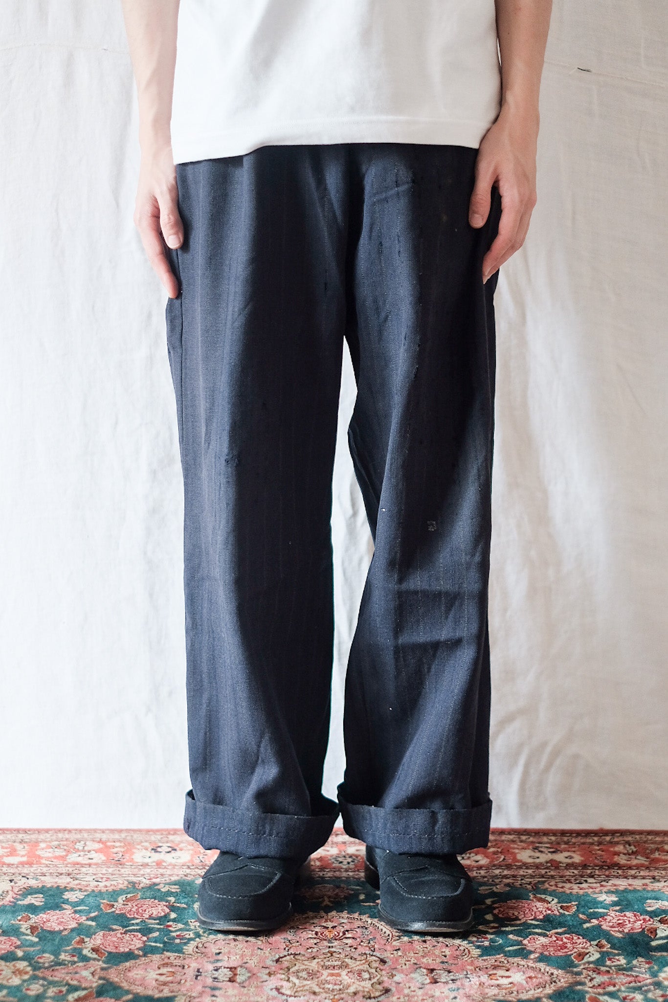 【~40's】French Vintage Navy Wool Striped Work Pant
