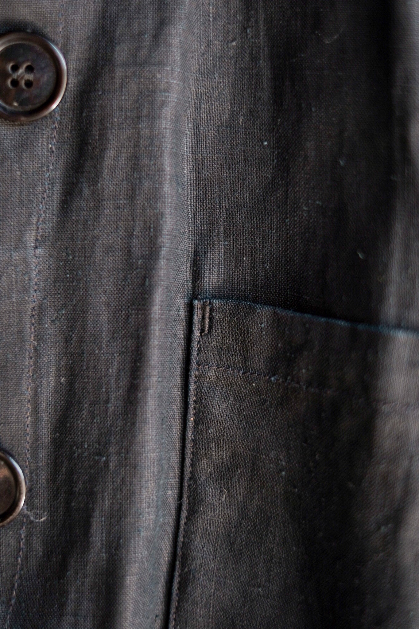 【~30's】French Vintage Black Indigo Linen Double Breasted Work Jacket "Dead Stock"
