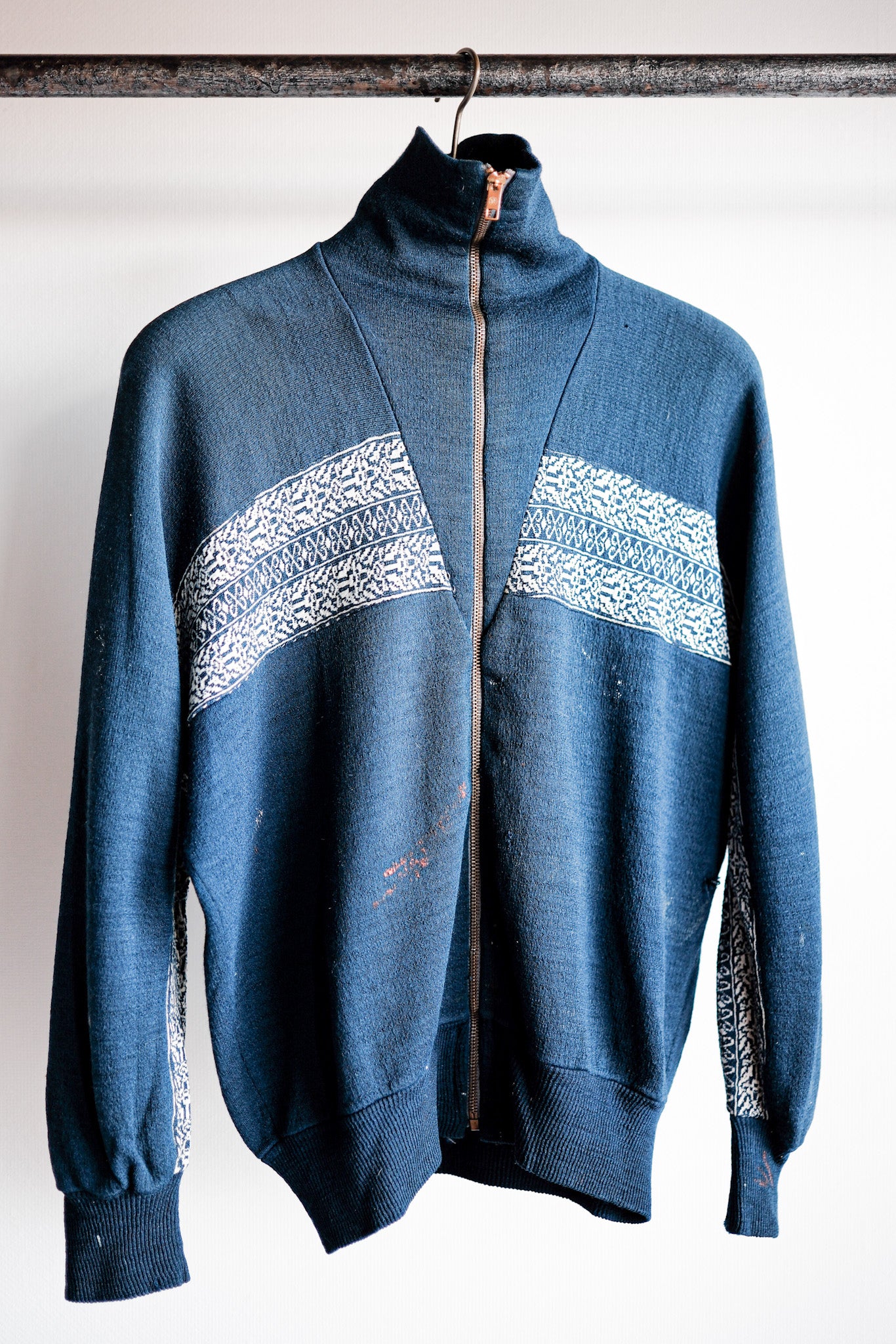 【~50's】French Vintage Full Zip Wool Printed Cardigan