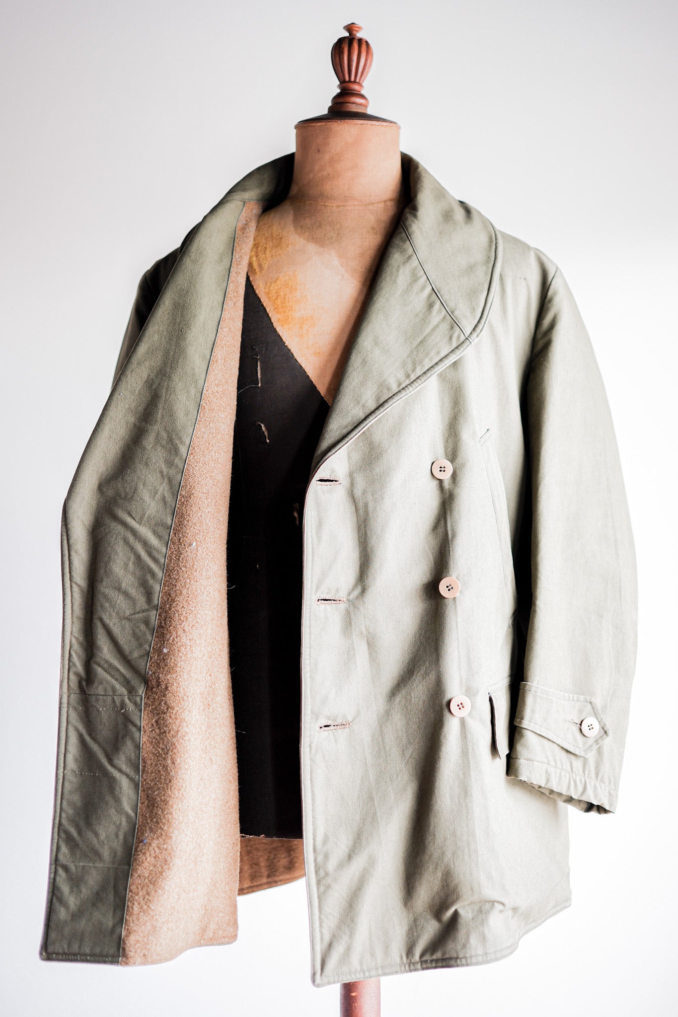 【~40's】French Vintage Shawl Collar Green Cotton Canvas Mackinaw Coat