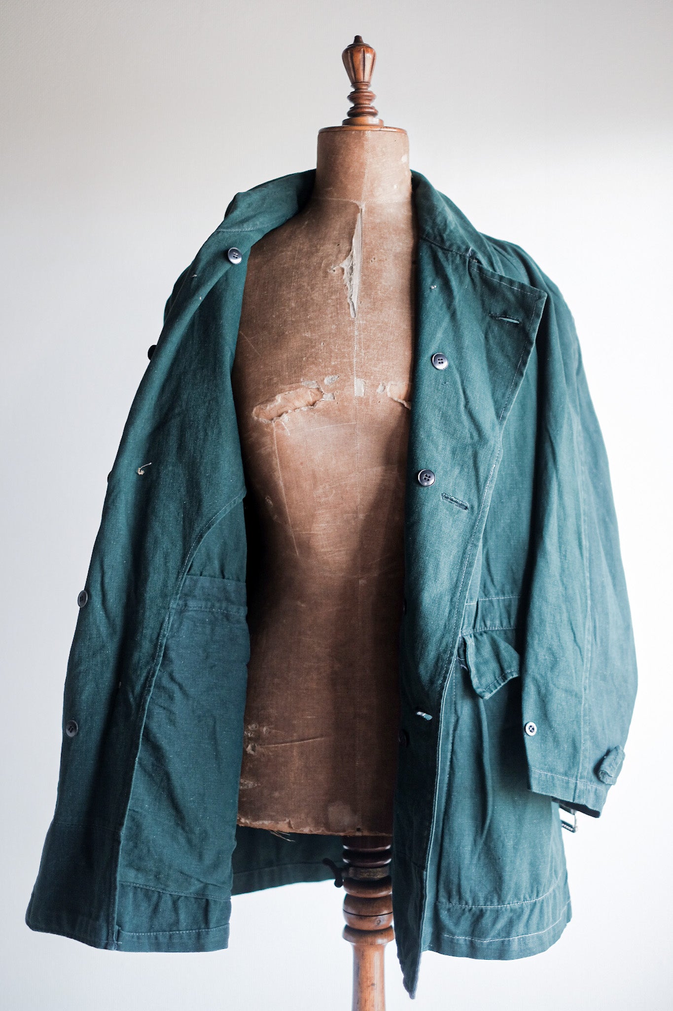 【~40's】French Army Double Breasted Green Linen Canvas Jacket