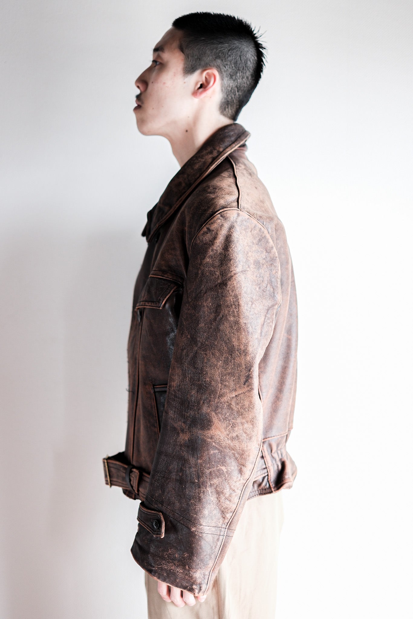 【~50's】French Vintage Le Corbusier Type Double Breasted Leather Jacket "Unusual Pattern"