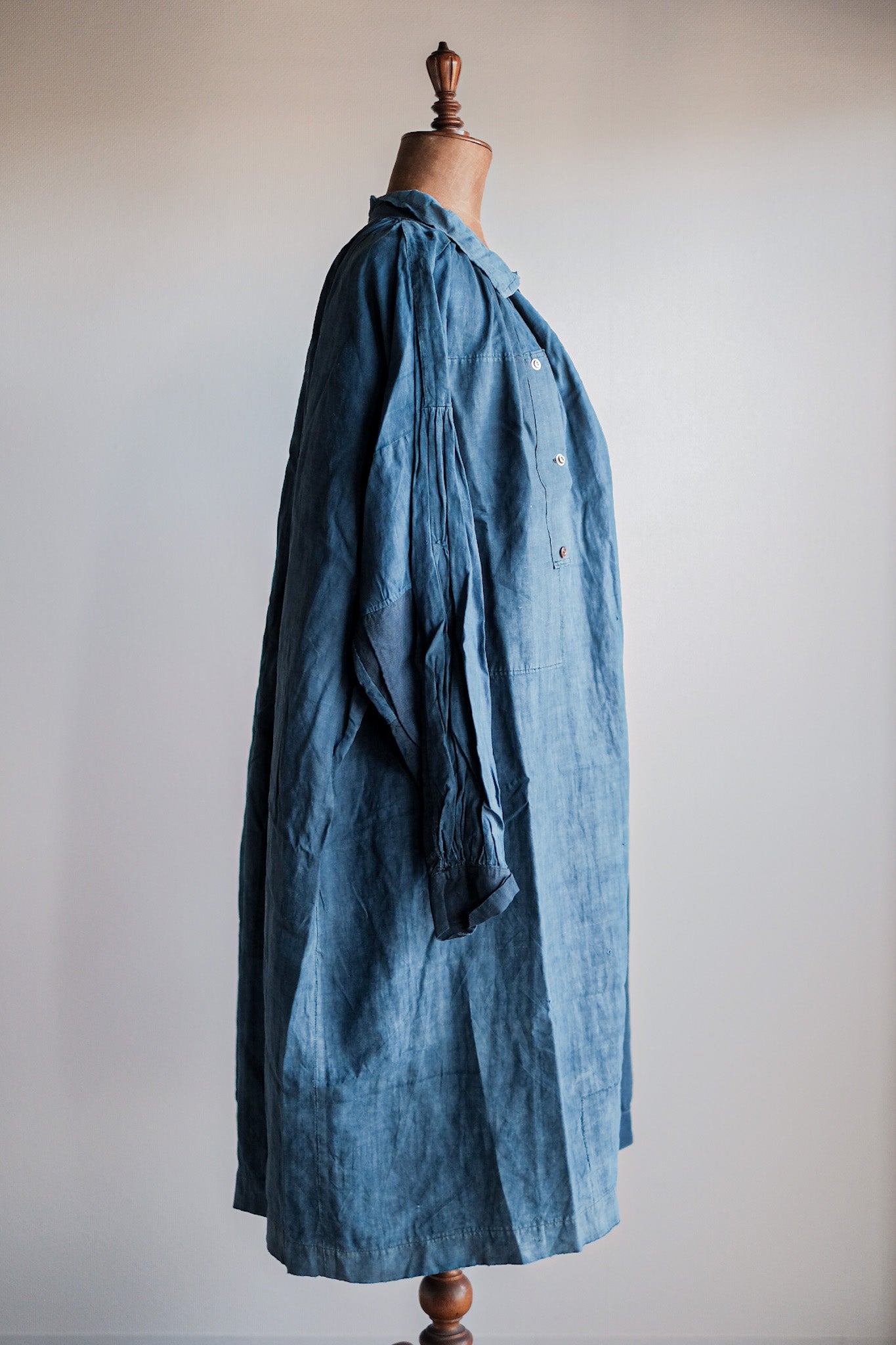 【Early 20th C】French Antique Indigo Linen Smock Open Type "Biaude"