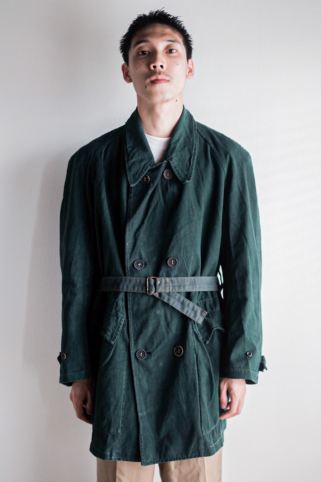 【~40's】French Army Double Breasted Green Linen Canvas Jacket