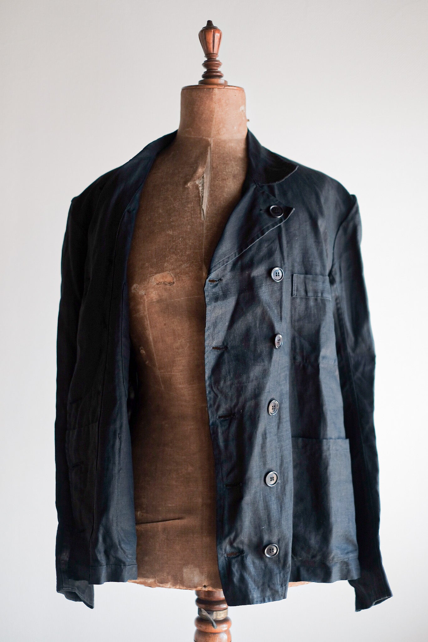 【~30's】French Vintage Black Indigo Linen Double Breasted Work Jacket "Dead Stock"