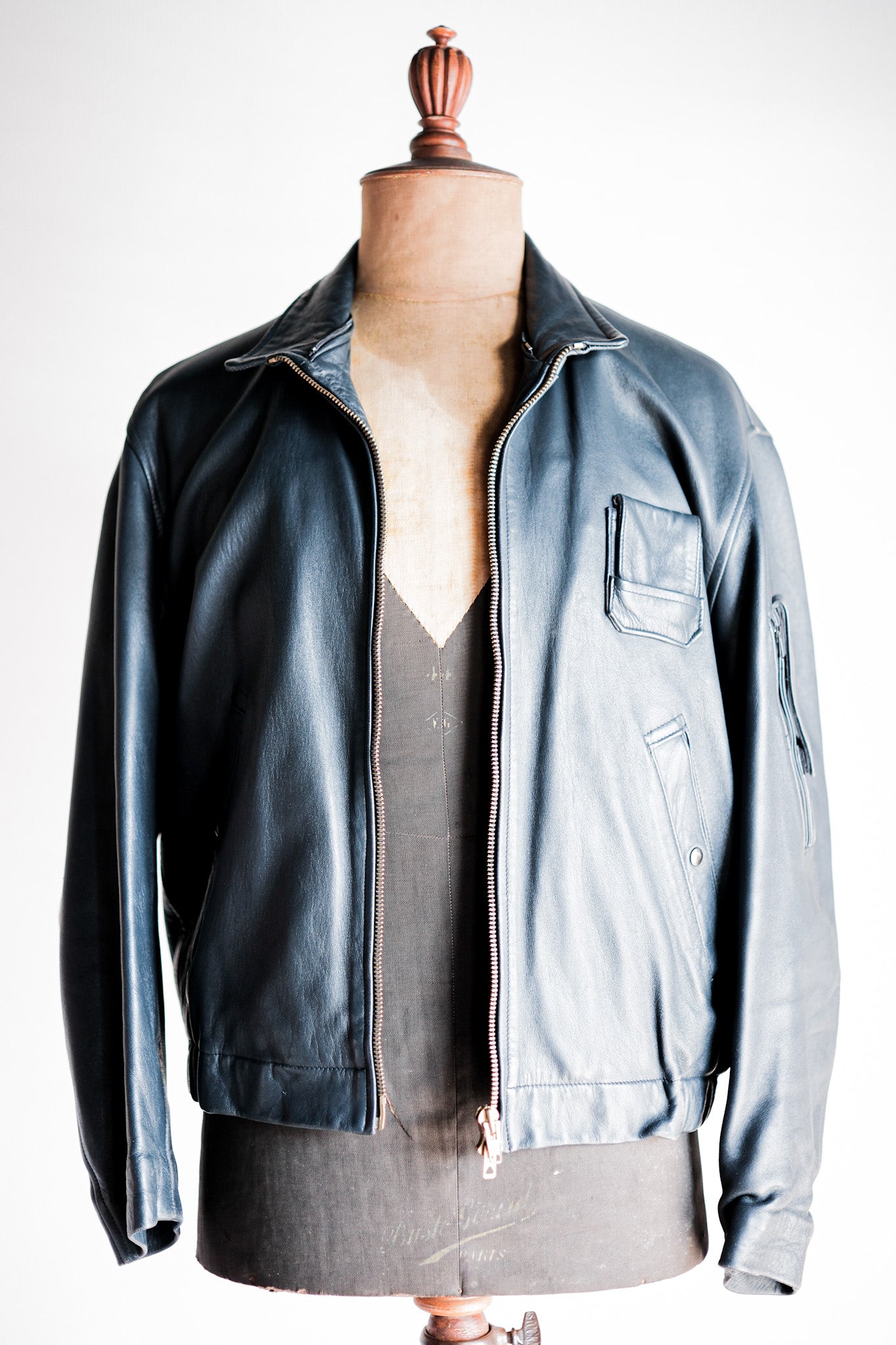 【~70's】French Air Force Pilot Leather Jacket With Chin Strap Size.96M