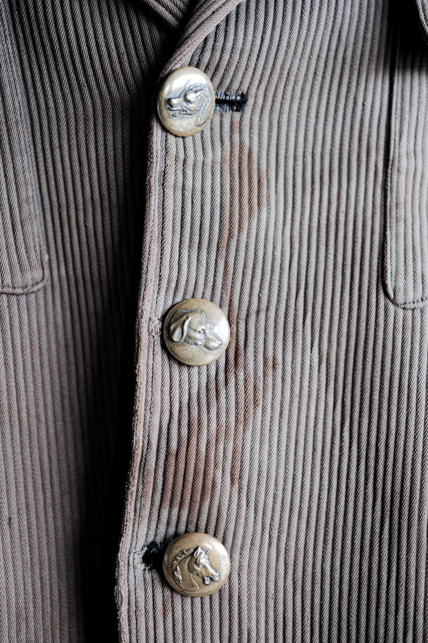 【~40's】French Vintage Brown Cotton Pique Lapel Gamekeeper Hunting Jacket "Unusual Pattern"