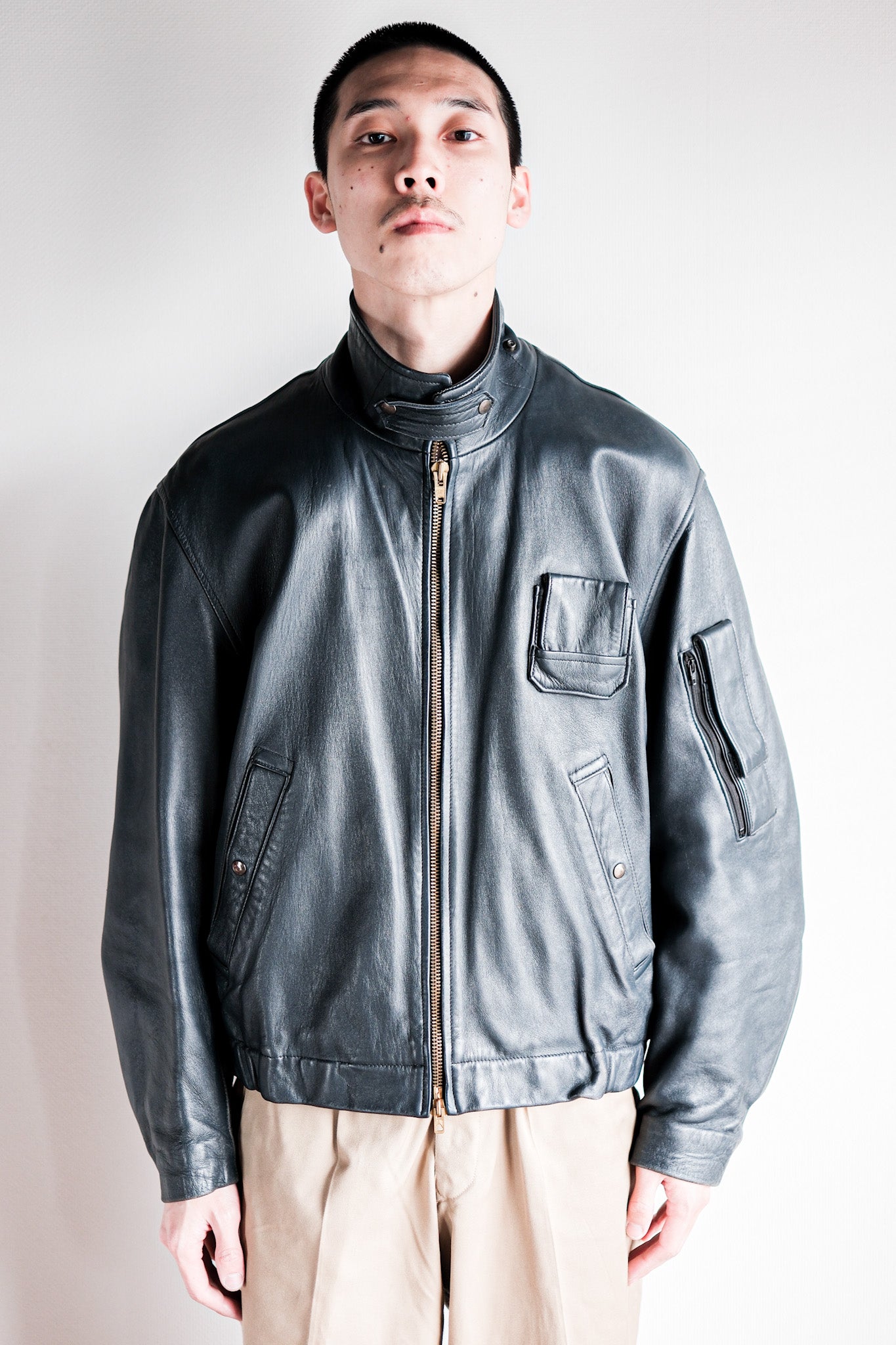【~70's】French Air Force Pilot Leather Jacket With Chin Strap Size.96M