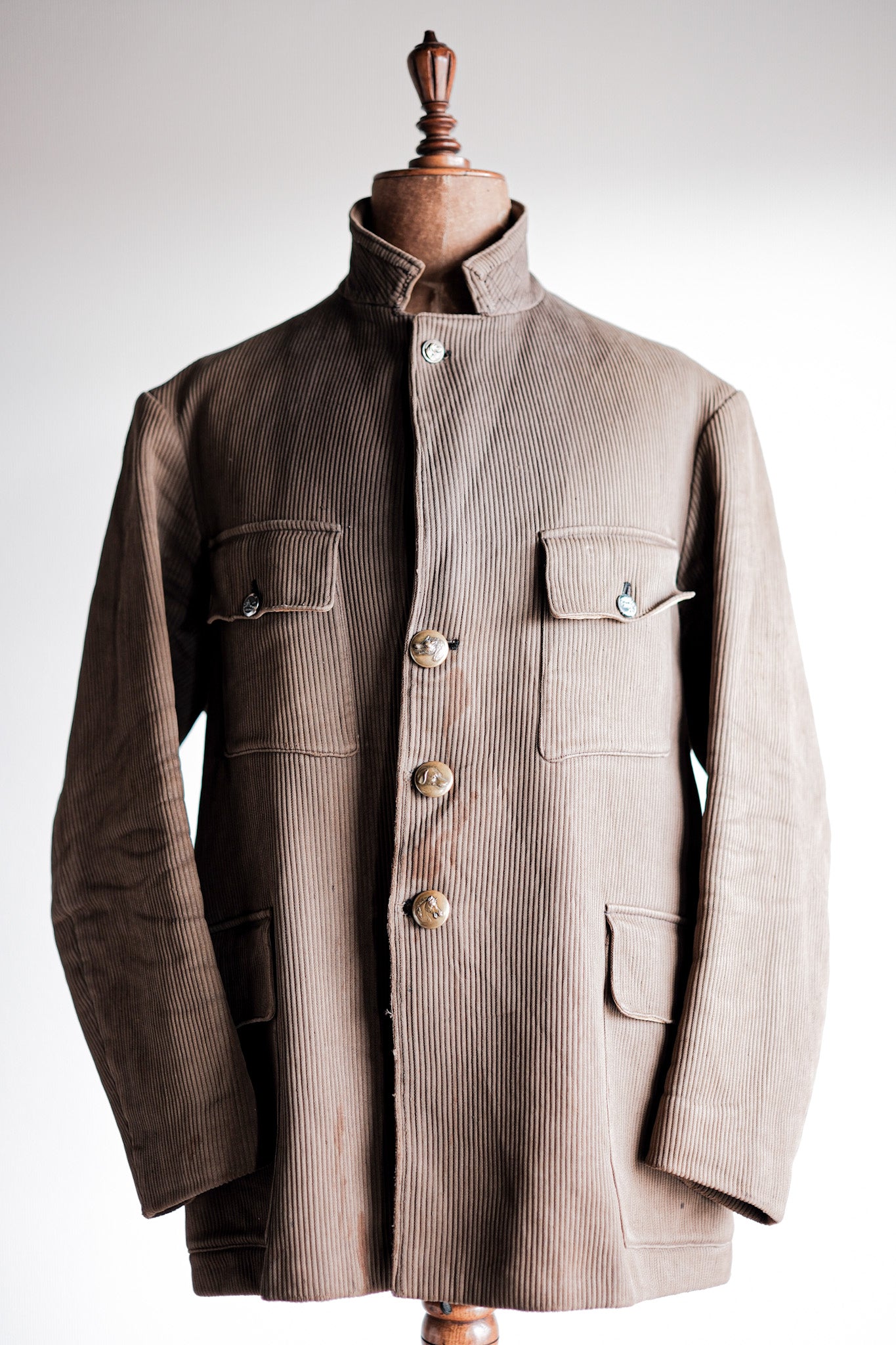 【~40's】French Vintage Brown Cotton Pique Lapel Gamekeeper Hunting Jacket "Unusual Pattern"
