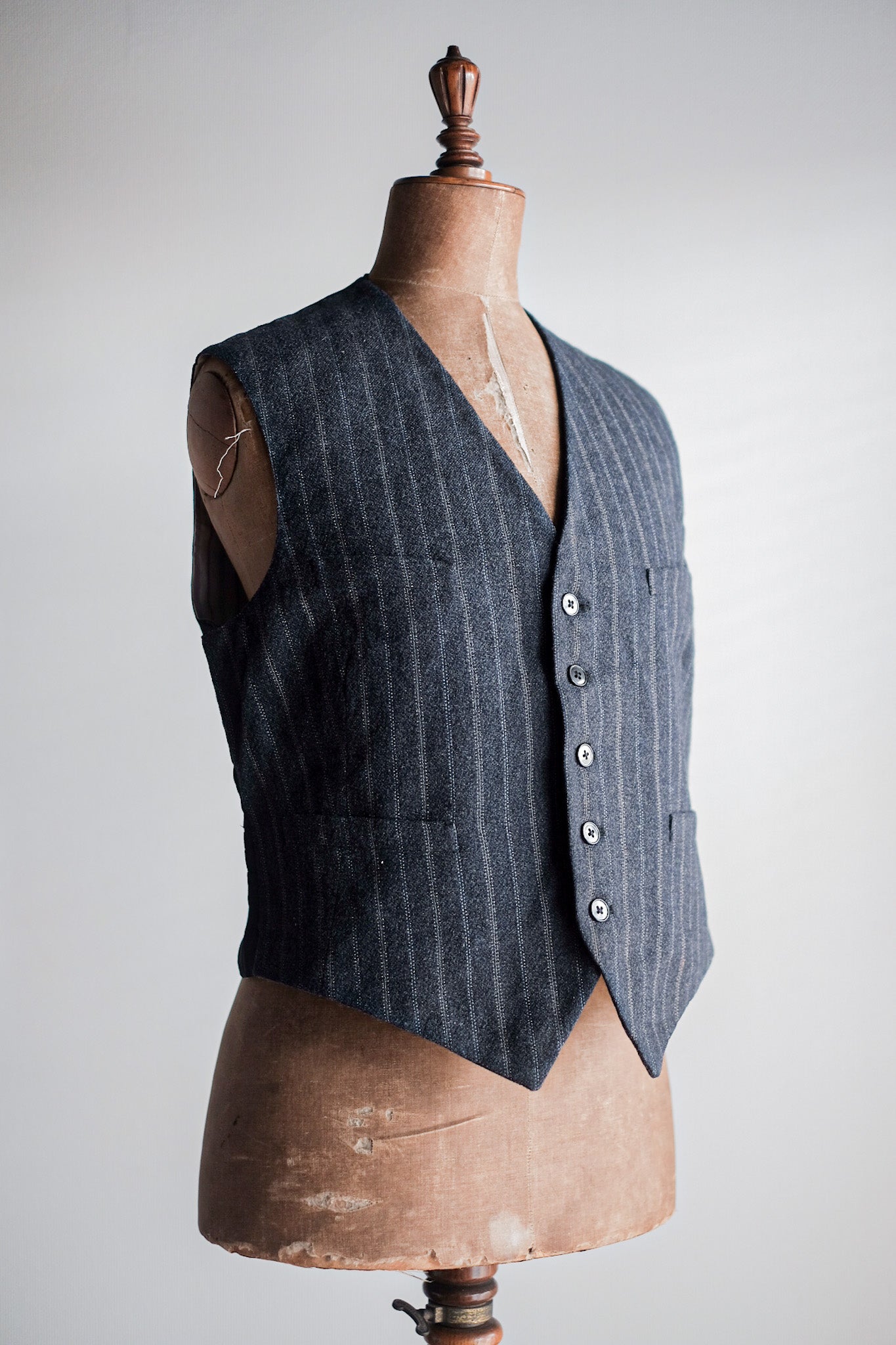 【~40's】French Vintage Gray Wool Striped Work Gilet