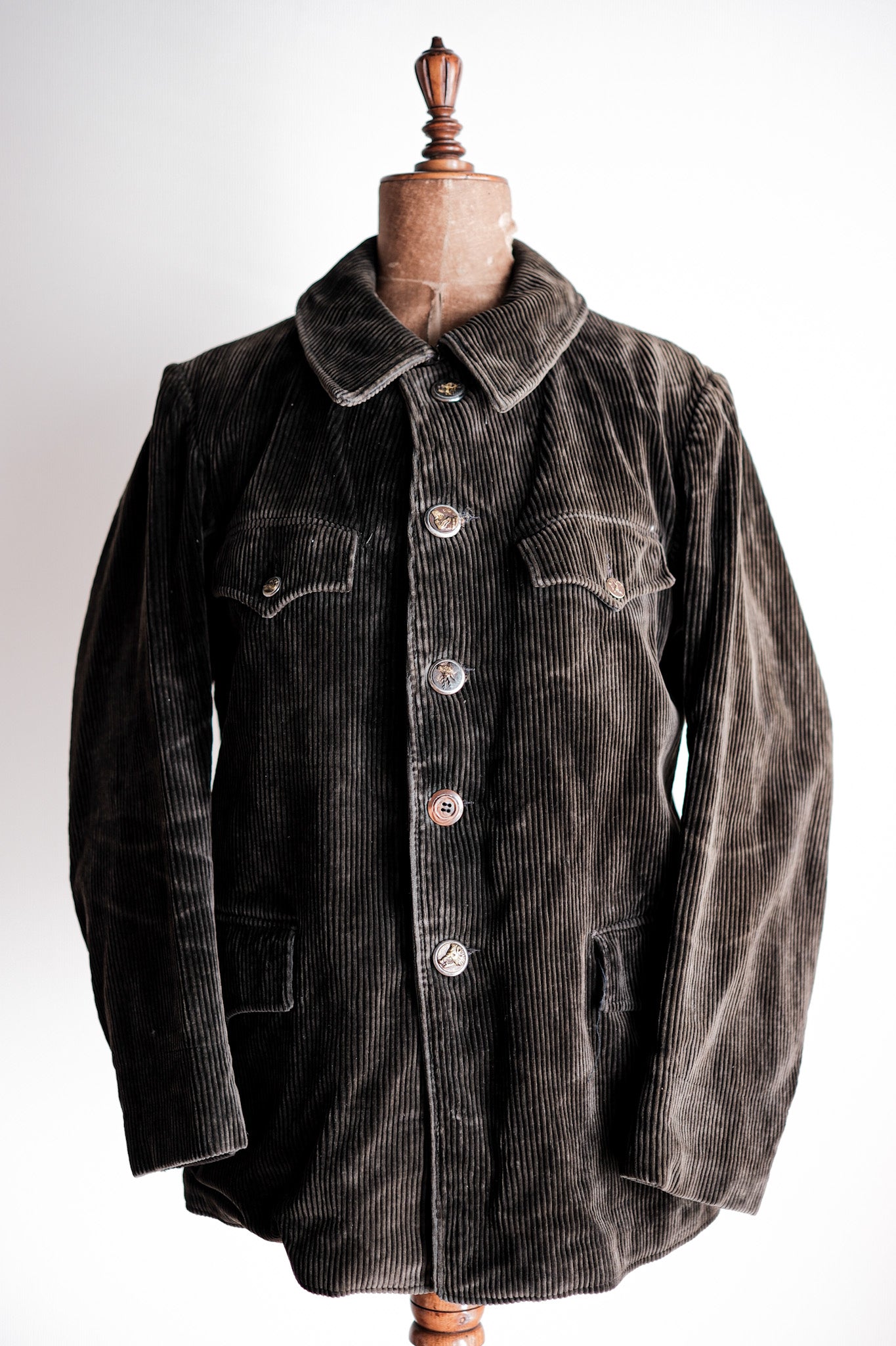 40's】French Vintage Dark Brown Corduroy Gamekeeper Hunting Jacket