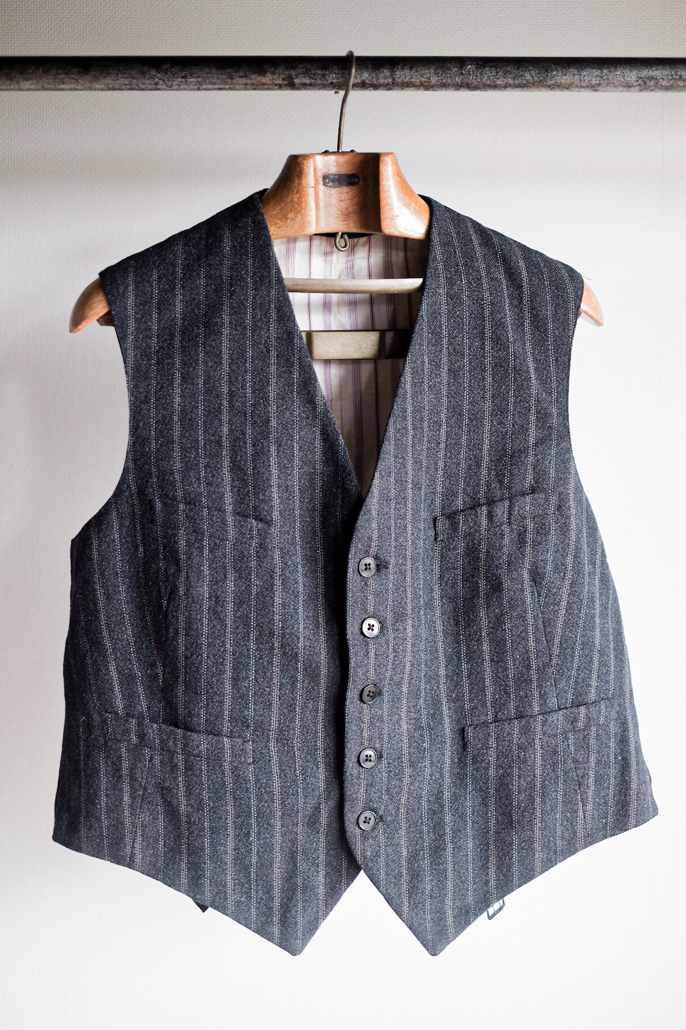 【~40's】French Vintage Gray Wool Striped Work Gilet