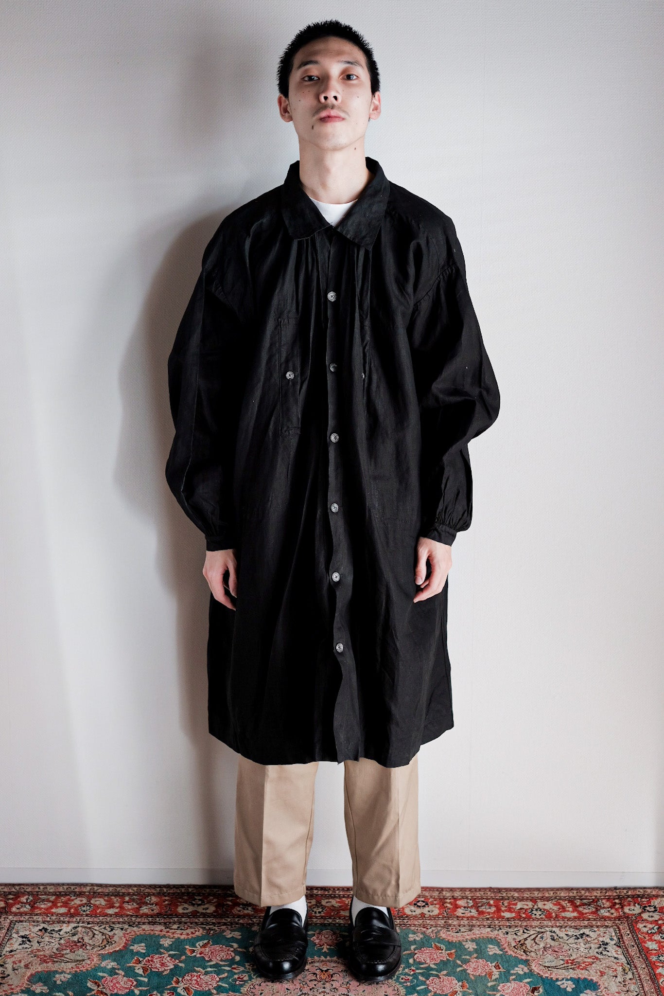 【Early 20th C】French Antique Black Indigo Linen Smock Open Type "Biaude" "Dead Stock"