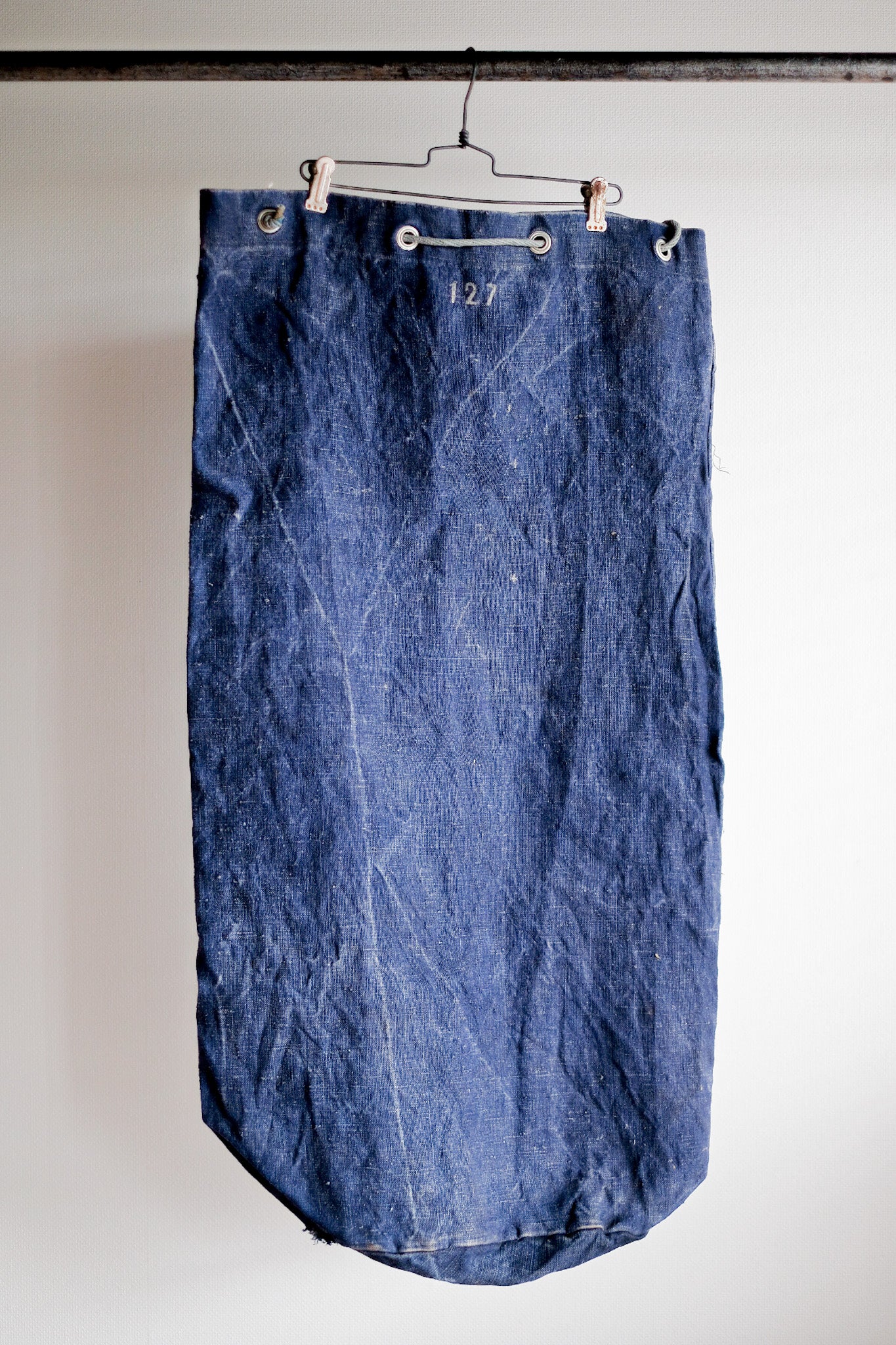 【~30's】French Vintage Indigo Hemp Linen Duffle Bag "MS Lafayette"