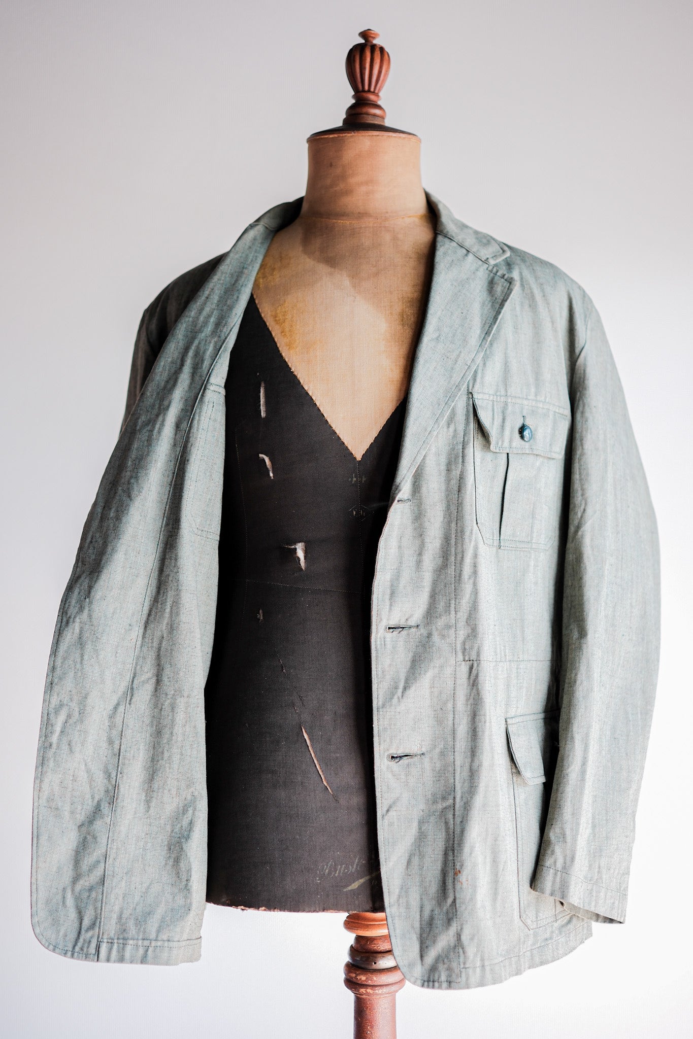 ［~40's］German Vintage Green Chambray 4 Pockets Lapel Work Jacket “Dead Stock”