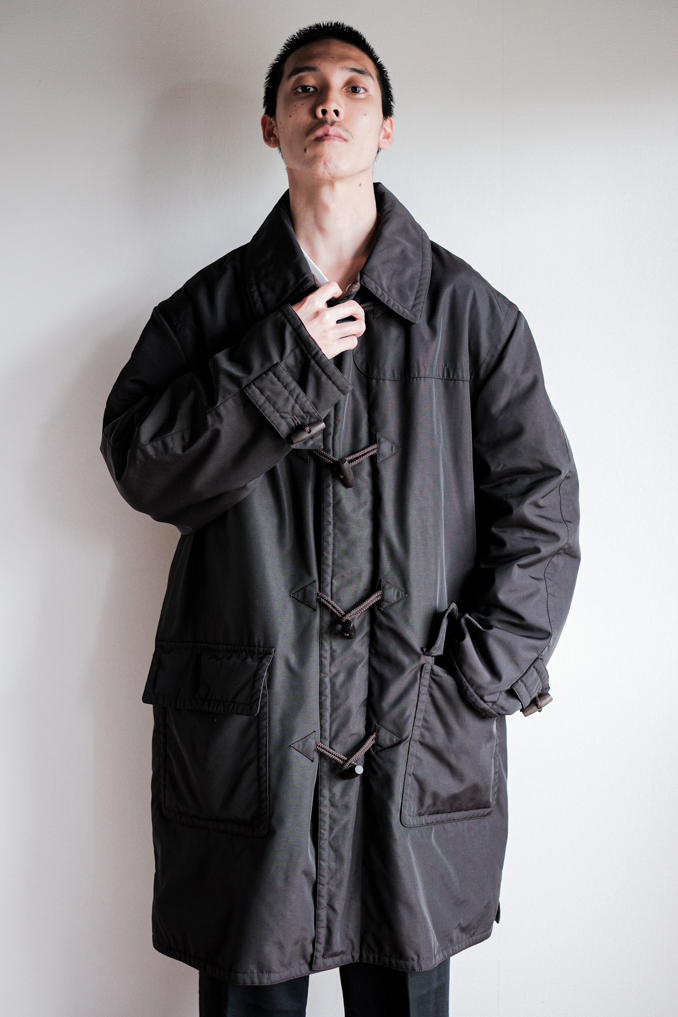 ［~90's］Old Hermès Paris Dark Brown Polyamide Duffle Coat Size.54