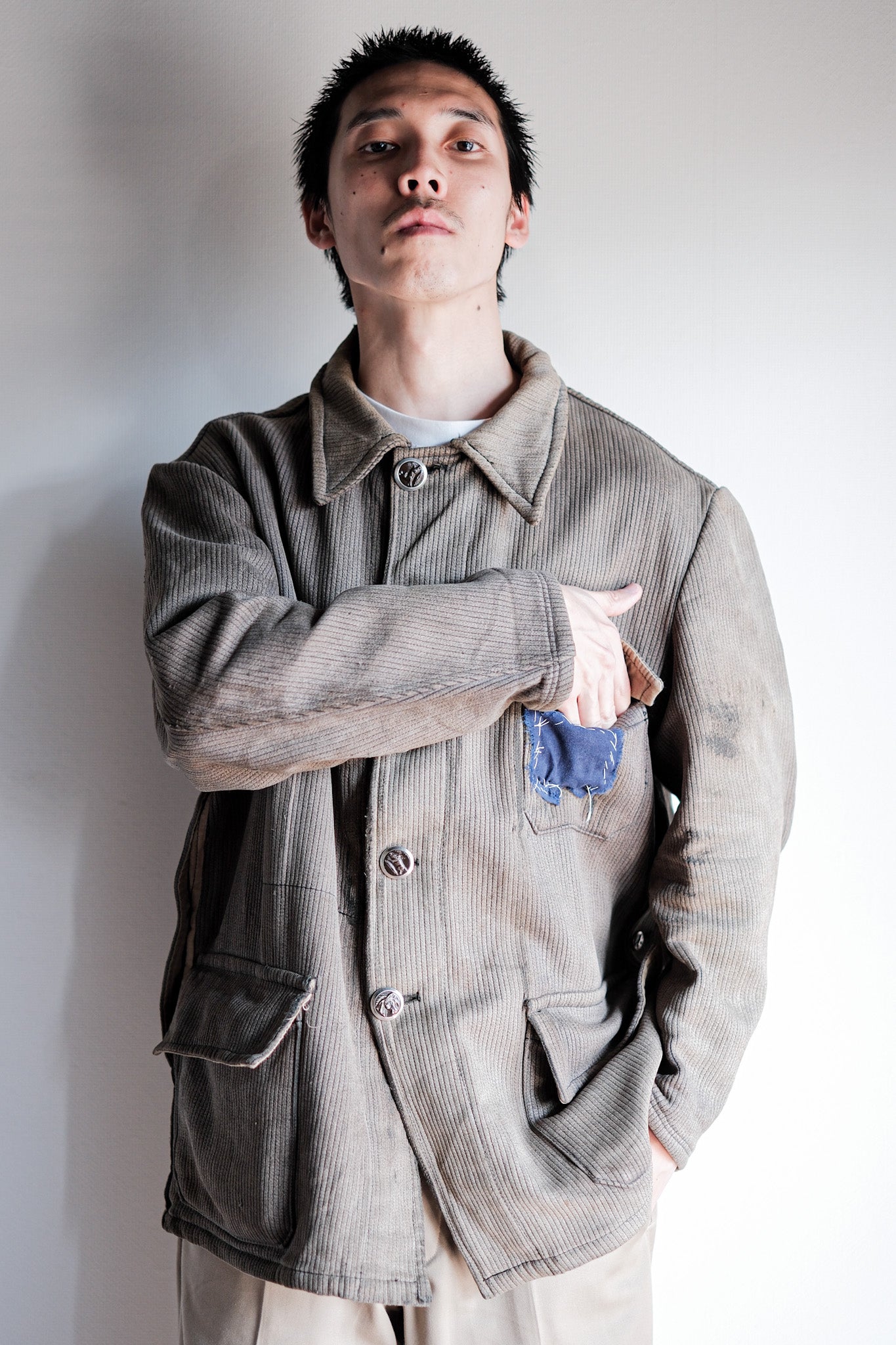 【~60's】French Vintage Brown Gray Cotton Pique Hunting Jacket Size.46