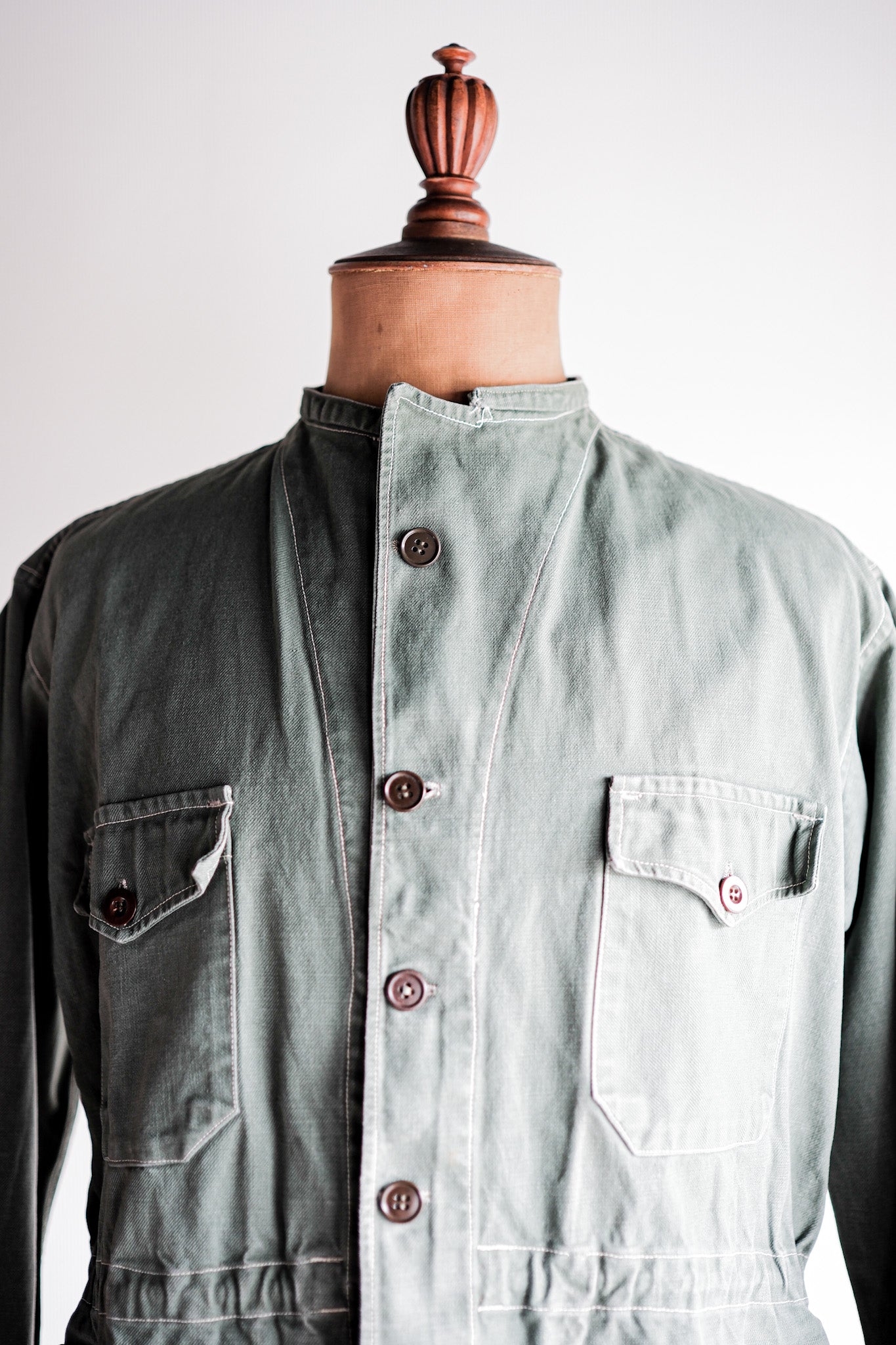 【~50's】French Vintage Green Cotton Twill 4 Pockets Work Jacket "Unusual Pattern"