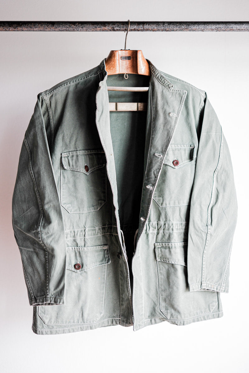 【~50's】French Vintage Green Cotton Twill 4 Pockets Work Jacket "Unusual Pattern"