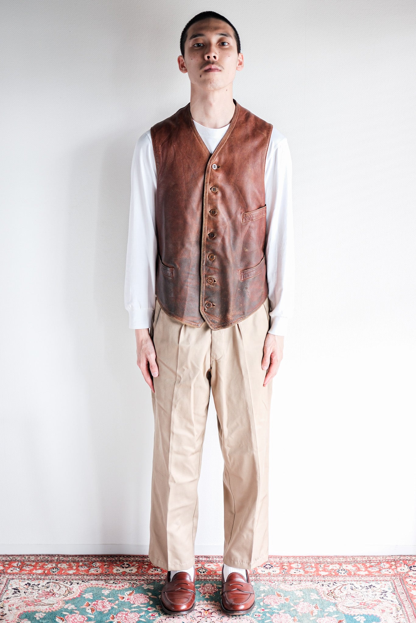 50's】French Vintage Brown Leather Work Gilet