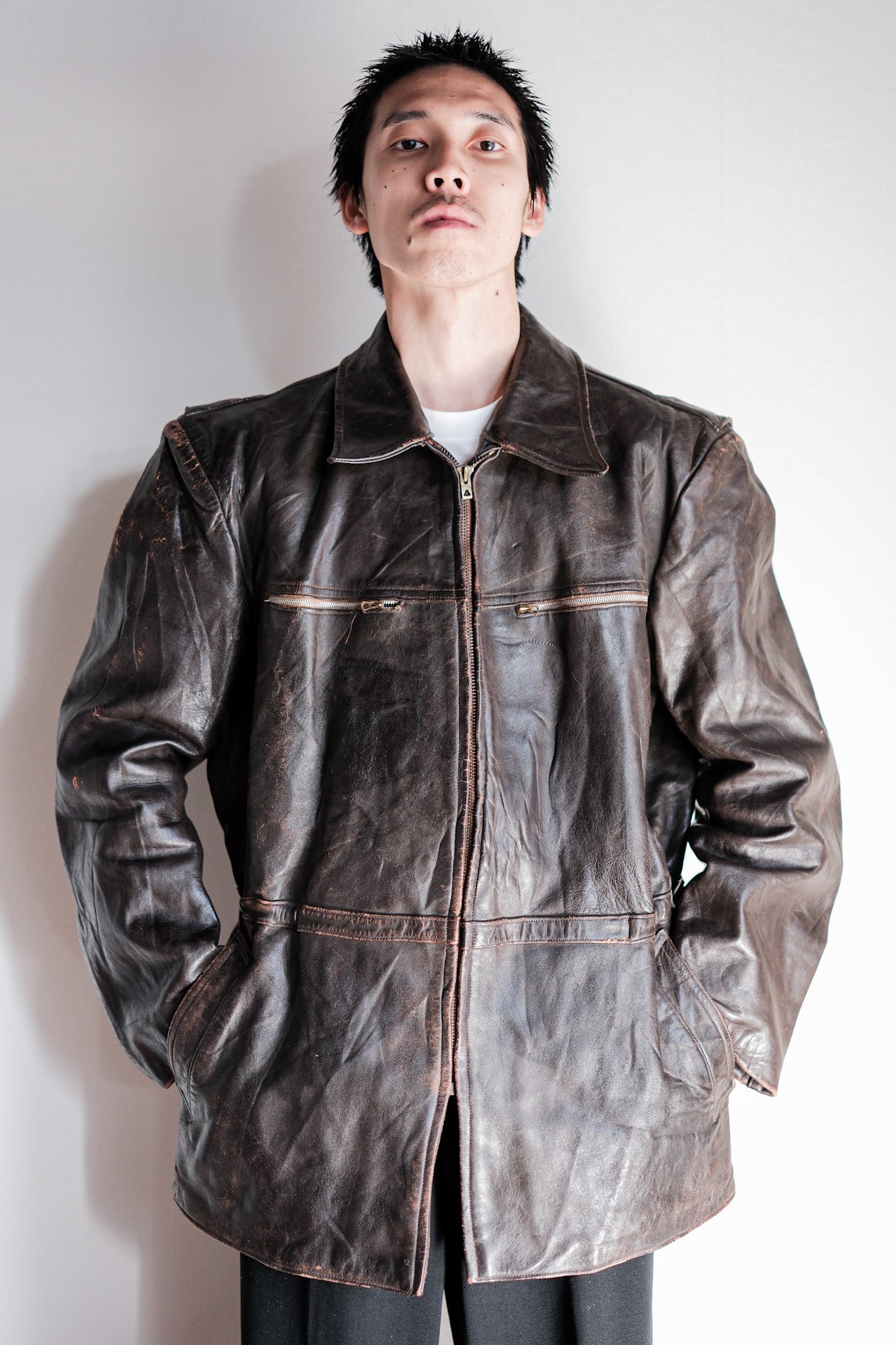 [~ 50's] French Vintage Cyclist Leather Veste Taille.52 "Adolphe Lafont"