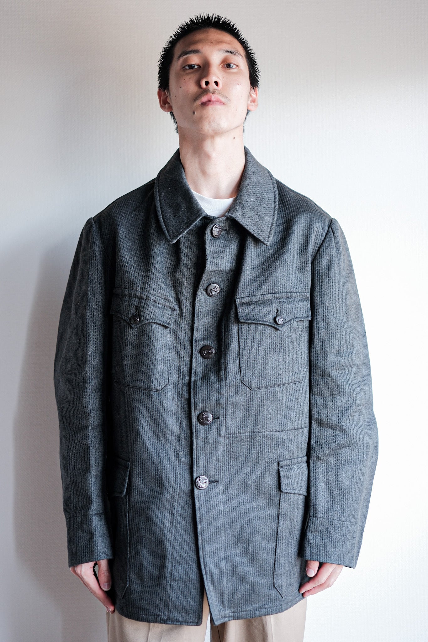 【~50's】French Vintage Gray Cotton Pique Hunting Jacket With Chin Strap "Dead Stock"