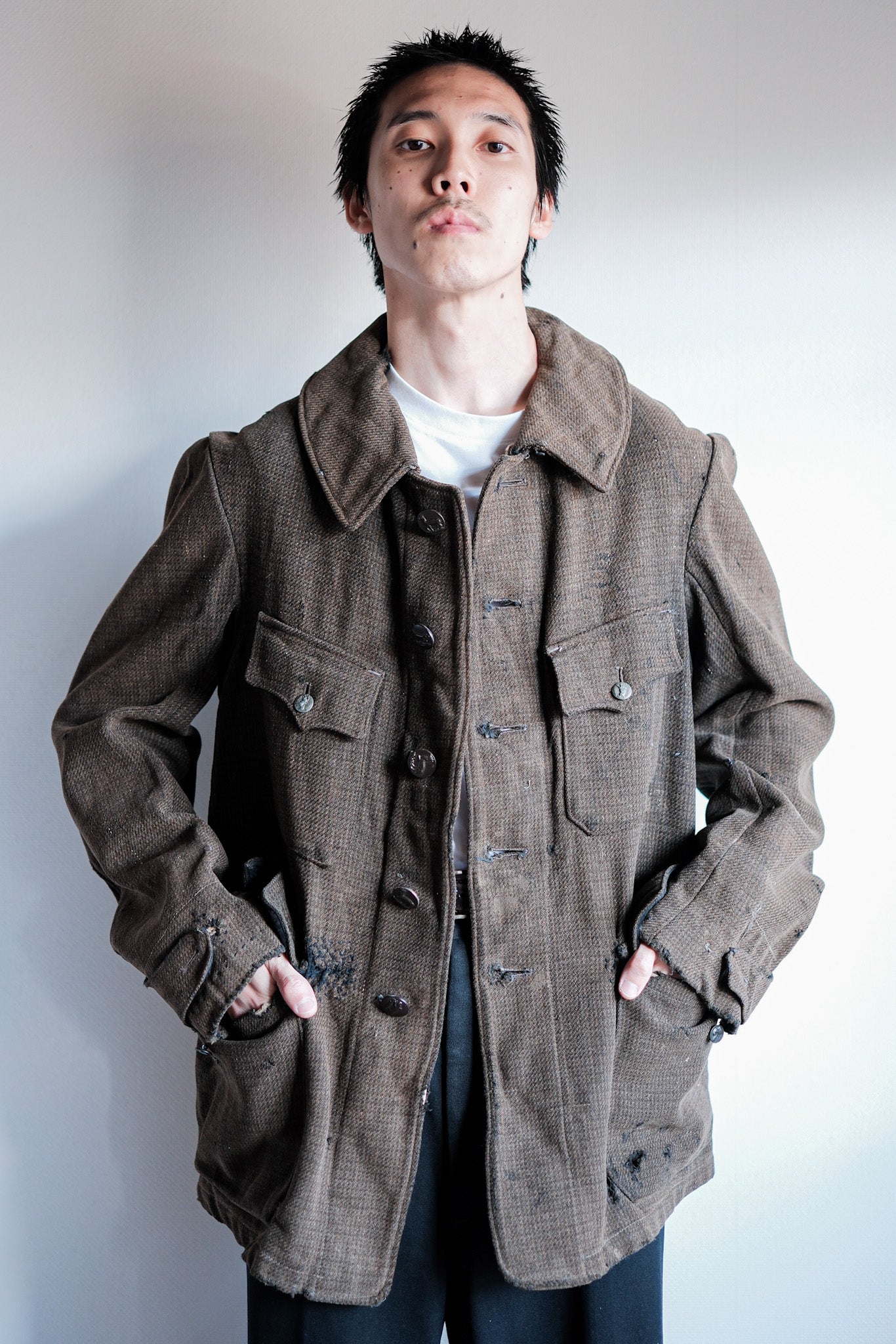 ［~30's］French Vintage Brown Wool Hunting Jacket "Boro"