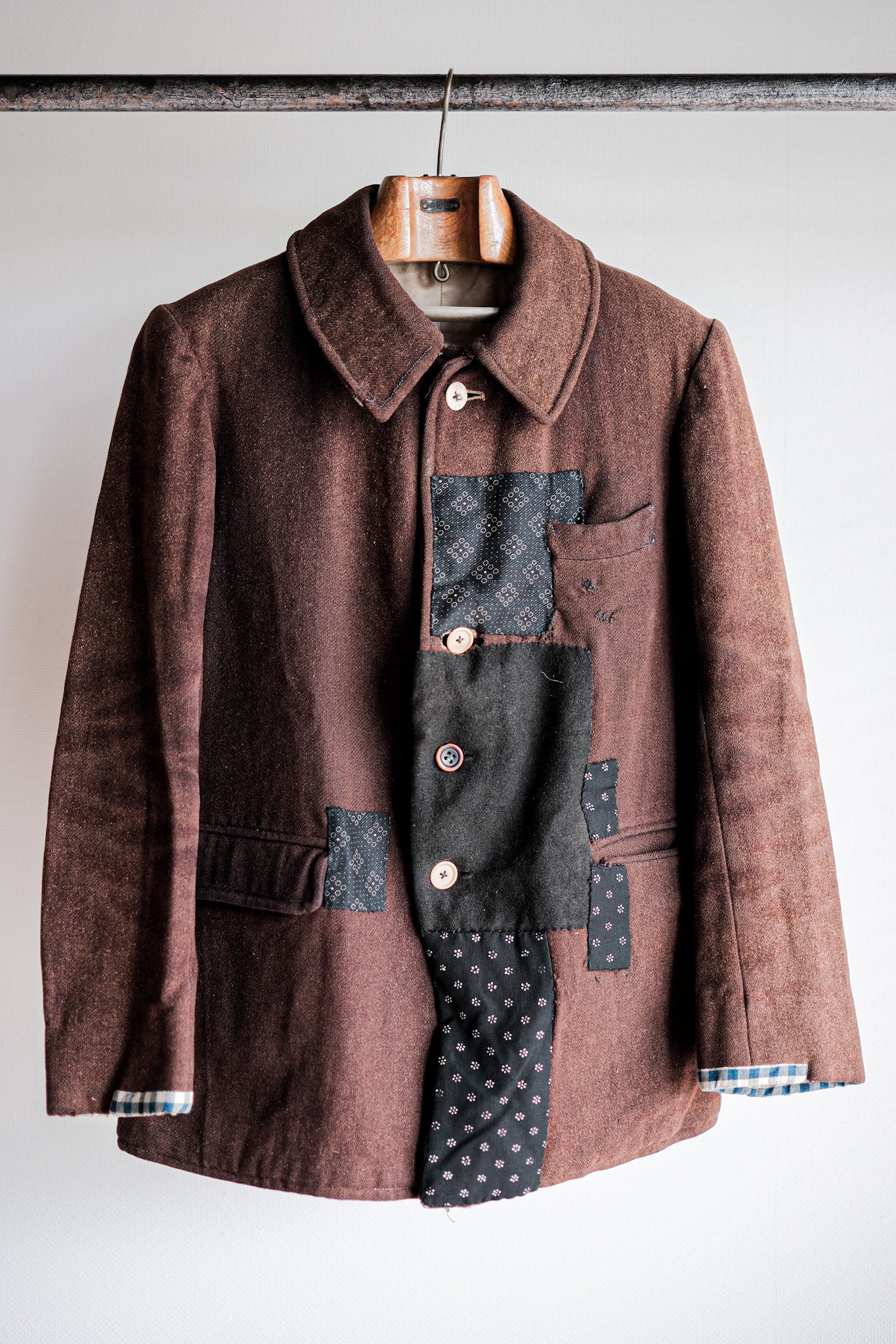 【~20's】French Vintage Brown Wool Work Jacket "Patchwork"