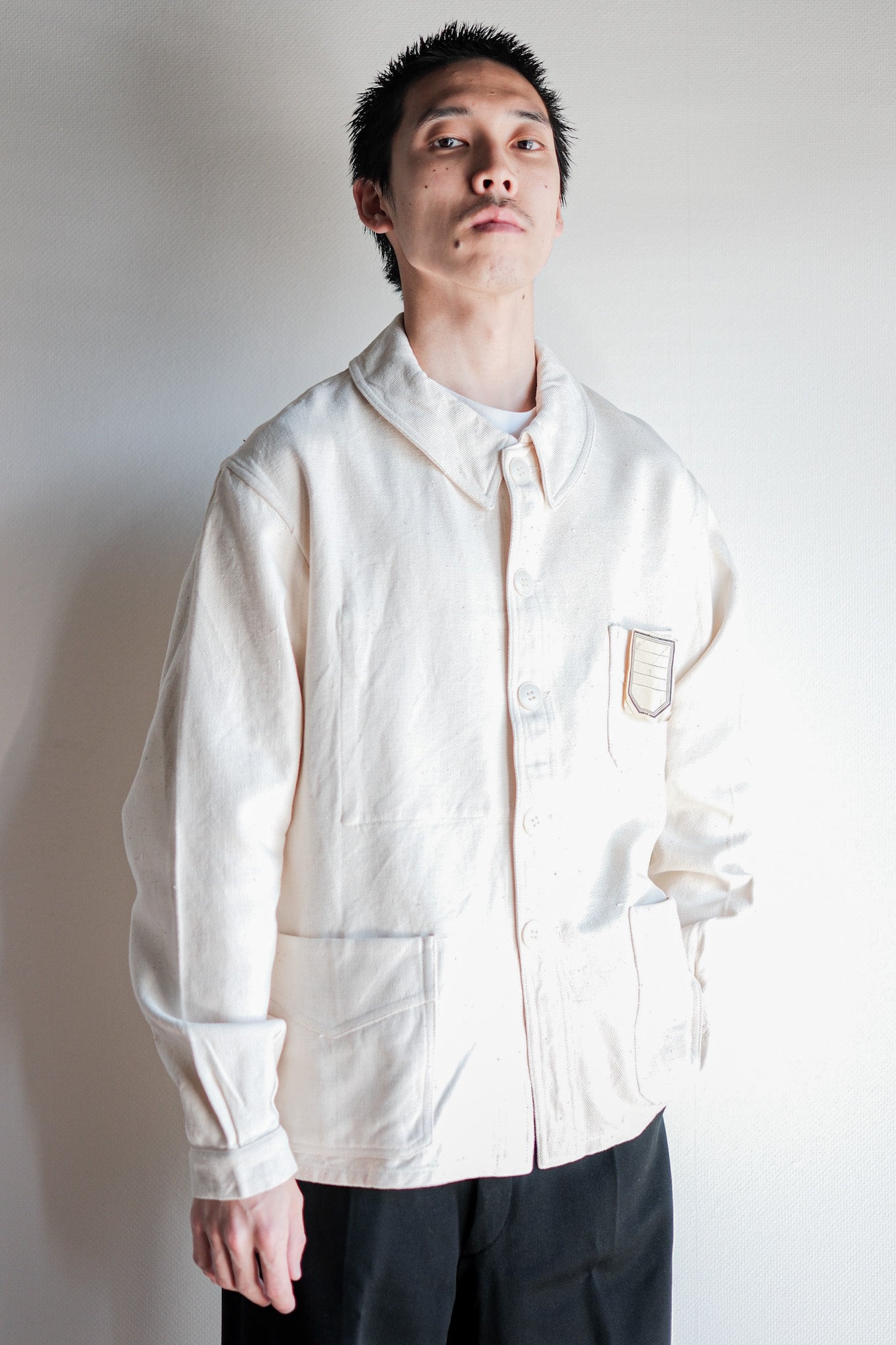 [~ 40's]Français vintage White Cotton Twill Work Jacket Taille.48 « Dead Stock »