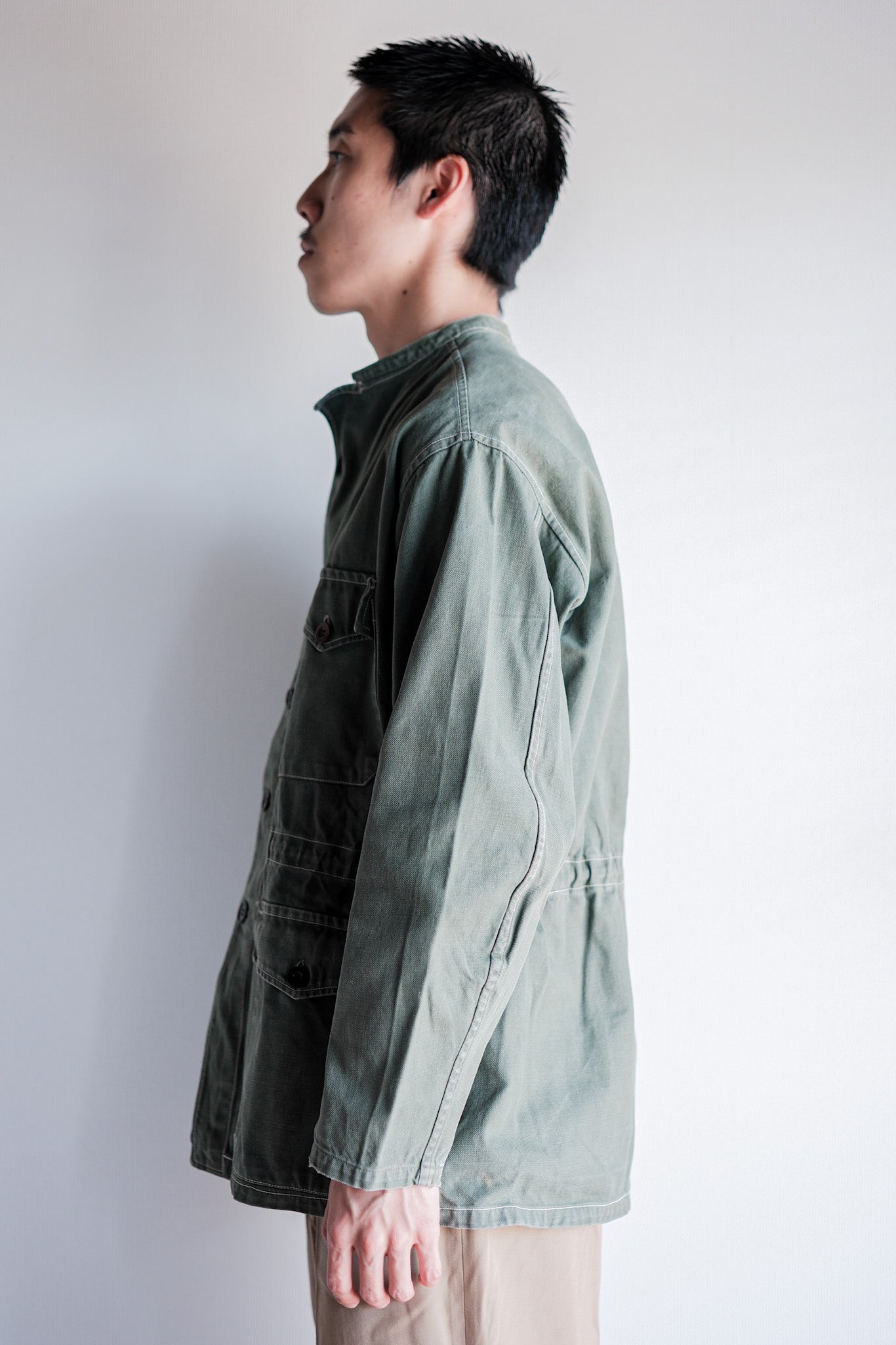 ［~50's］French Vintage Green Cotton Twill 4 Pockets Work Jacket "Unusual Pattern"