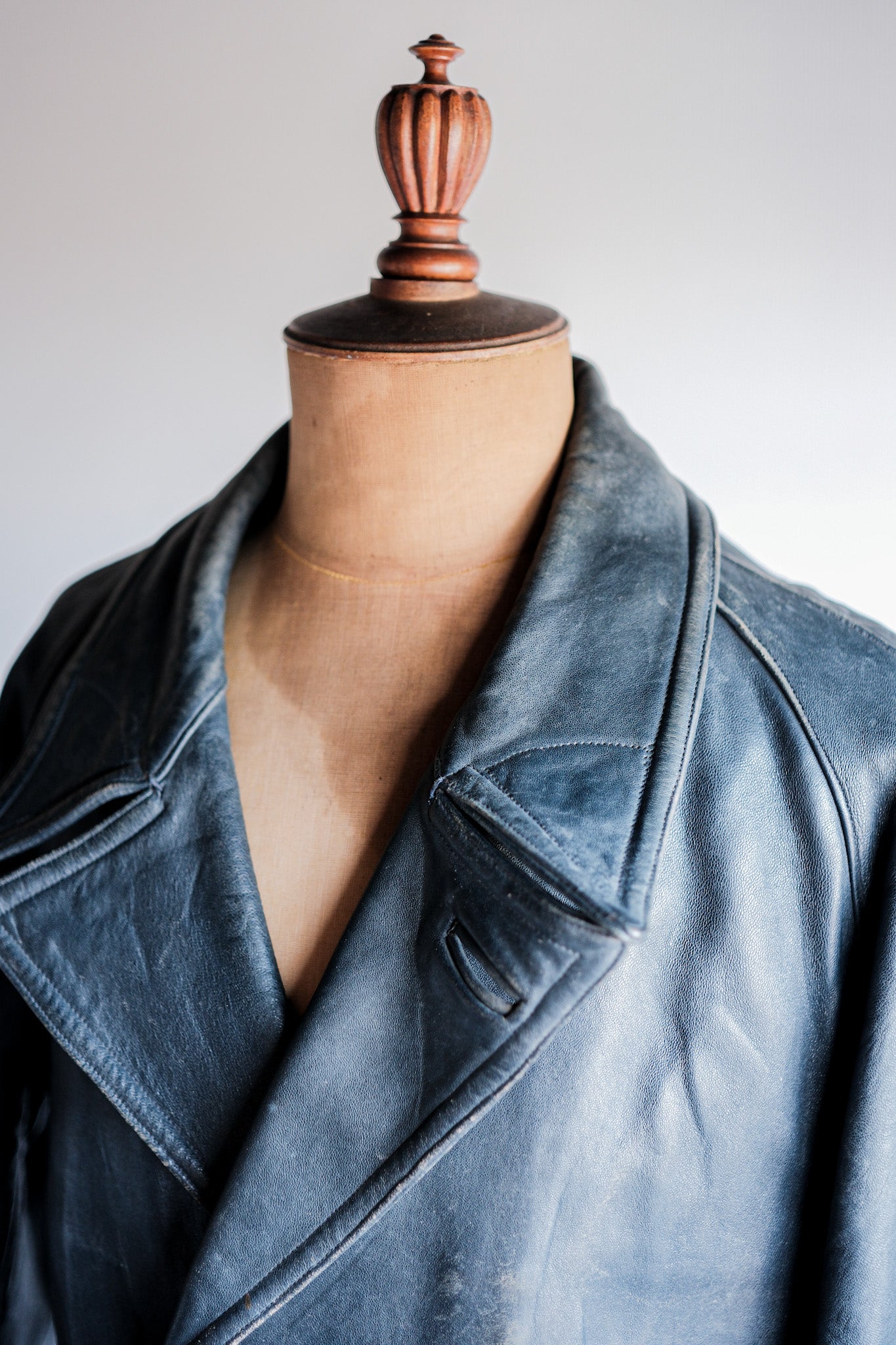 [~ 50's] French Vintage Double Breasted Leather Work COAT WITH CHITH CHIN STRAP