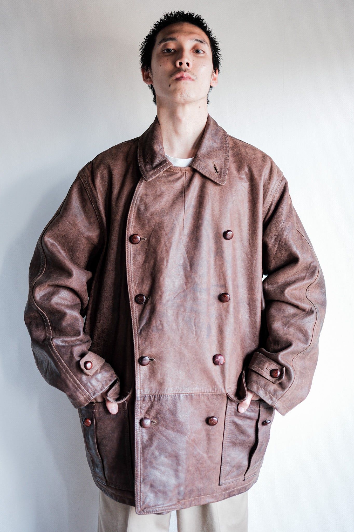 【~80's】Italian Vintage Double Breasted Leather Jacket Size.52