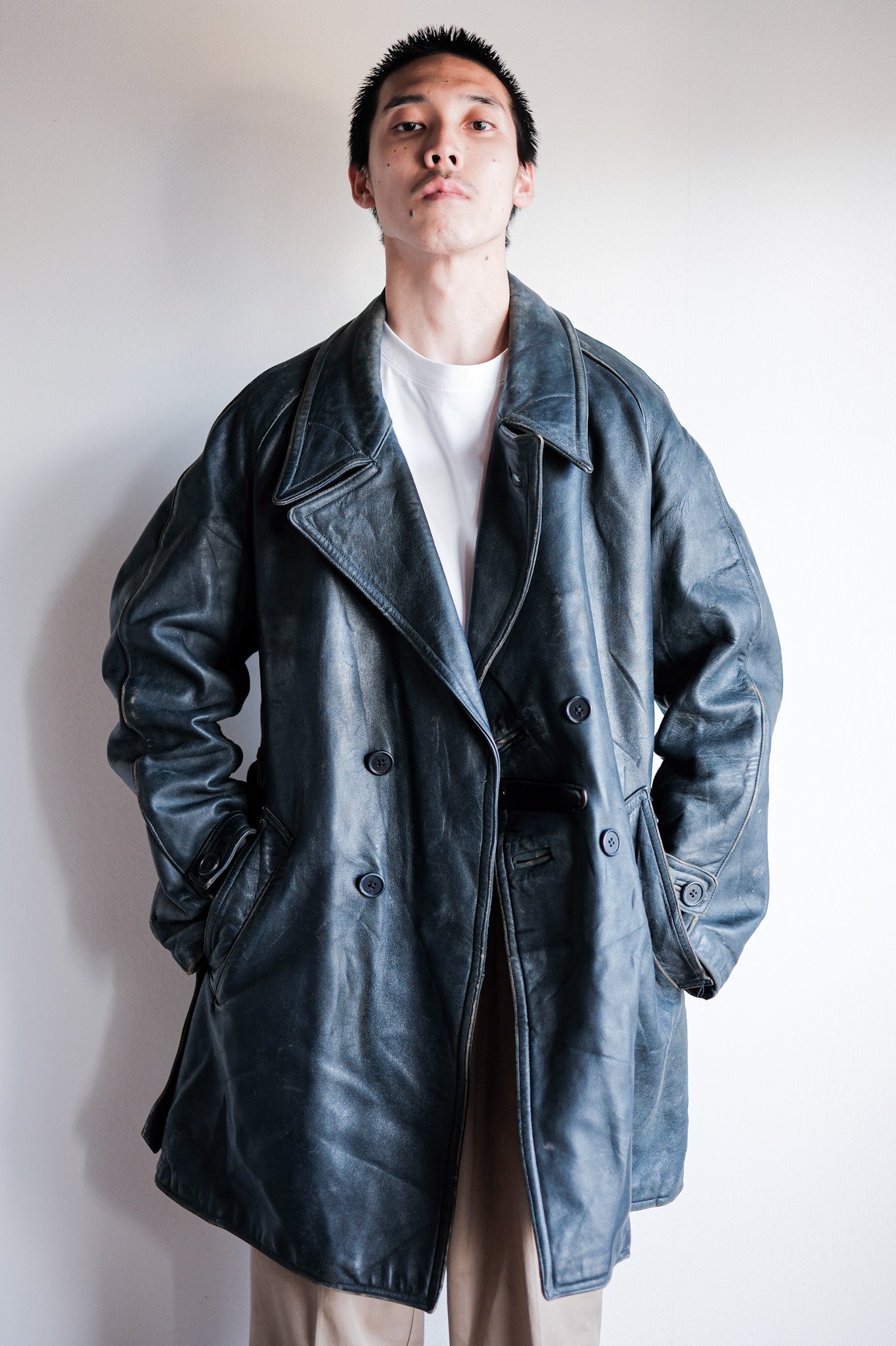 ［~50's］French Vintage Double Breasted Leather Work Coat With Chin Strap