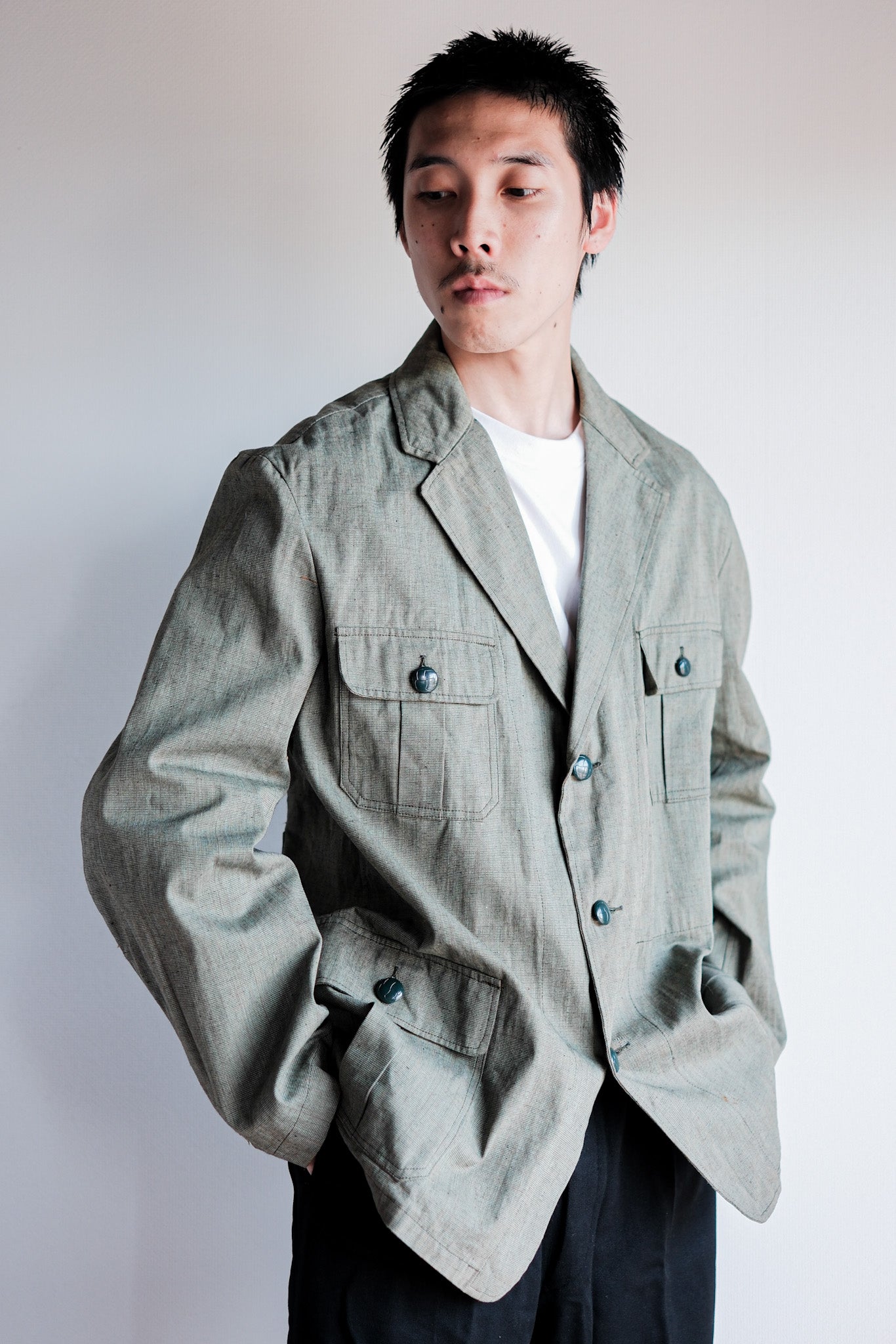 ［~40's］German Vintage Green Chambray 4 Pockets Lapel Work Jacket “Dead Stock”