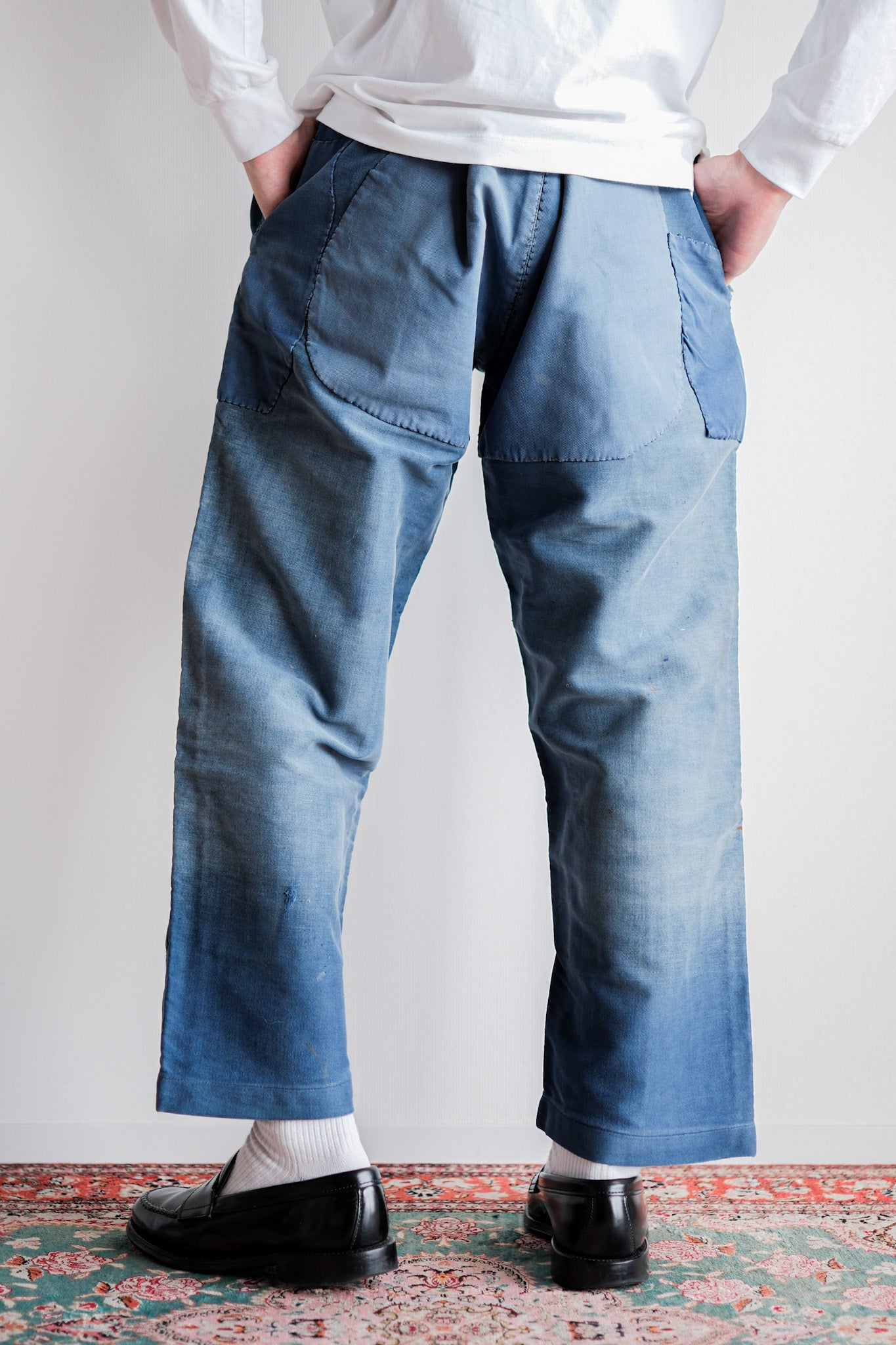 【~30's】French Vintage Blue Moleskin Work Pants "Patchwork"