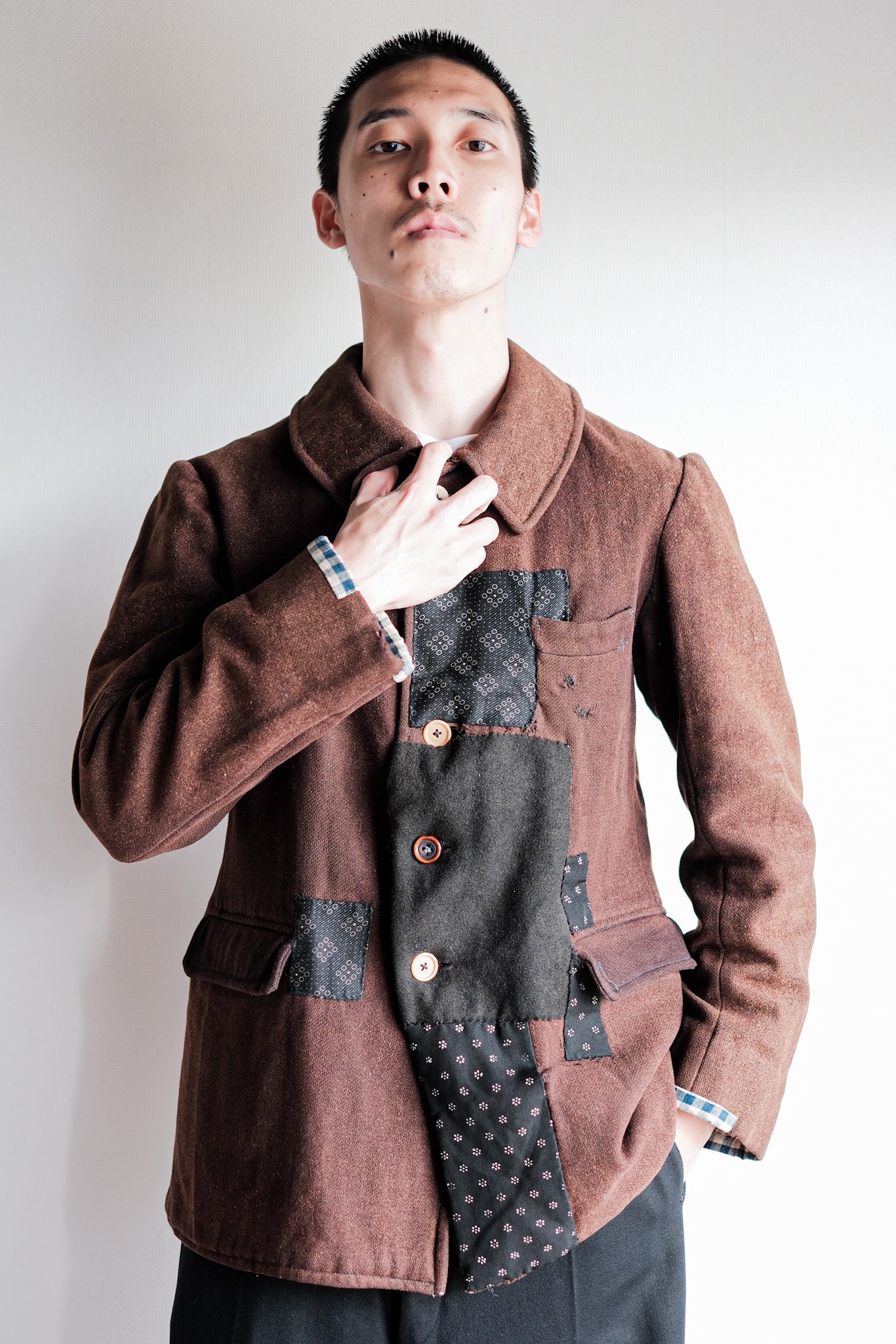 【~20's】French Vintage Brown Wool Work Jacket "Patchwork"