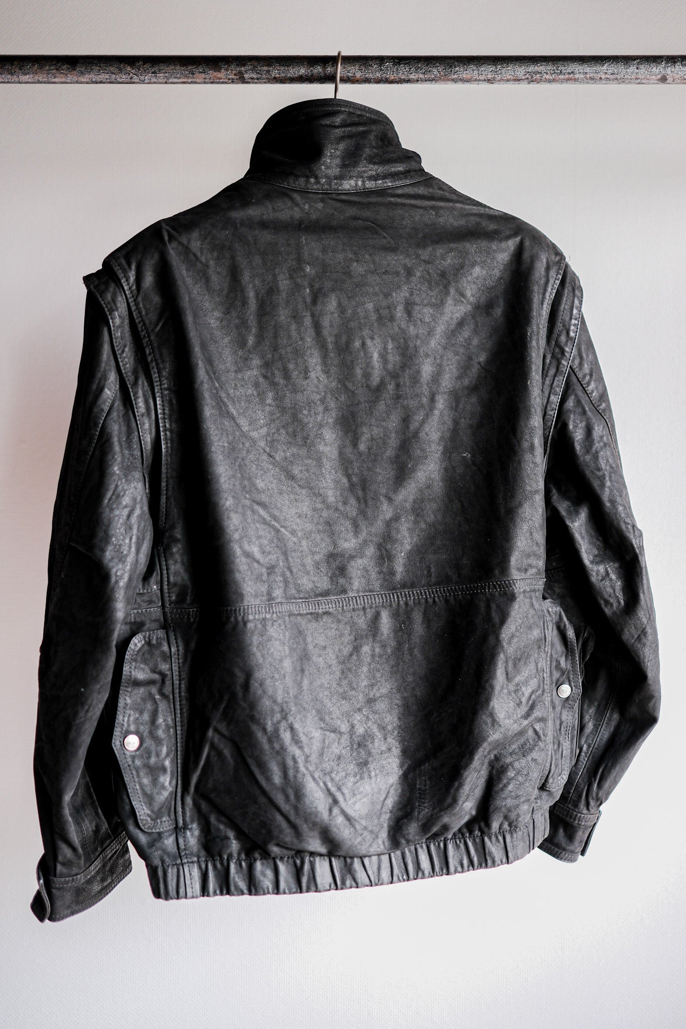 ［~90's］Old Renoma Paris Black Leather Detachable Sleeve Multi Pocket Jacket Size.M